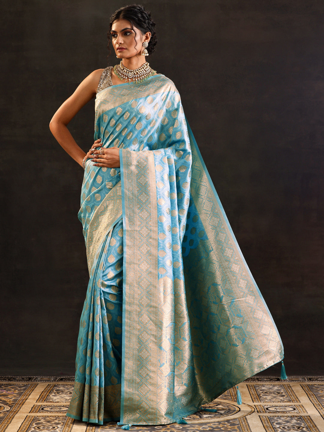  Blue Woven Design Silk Blend Saree With Unstitched Blouse Piece 