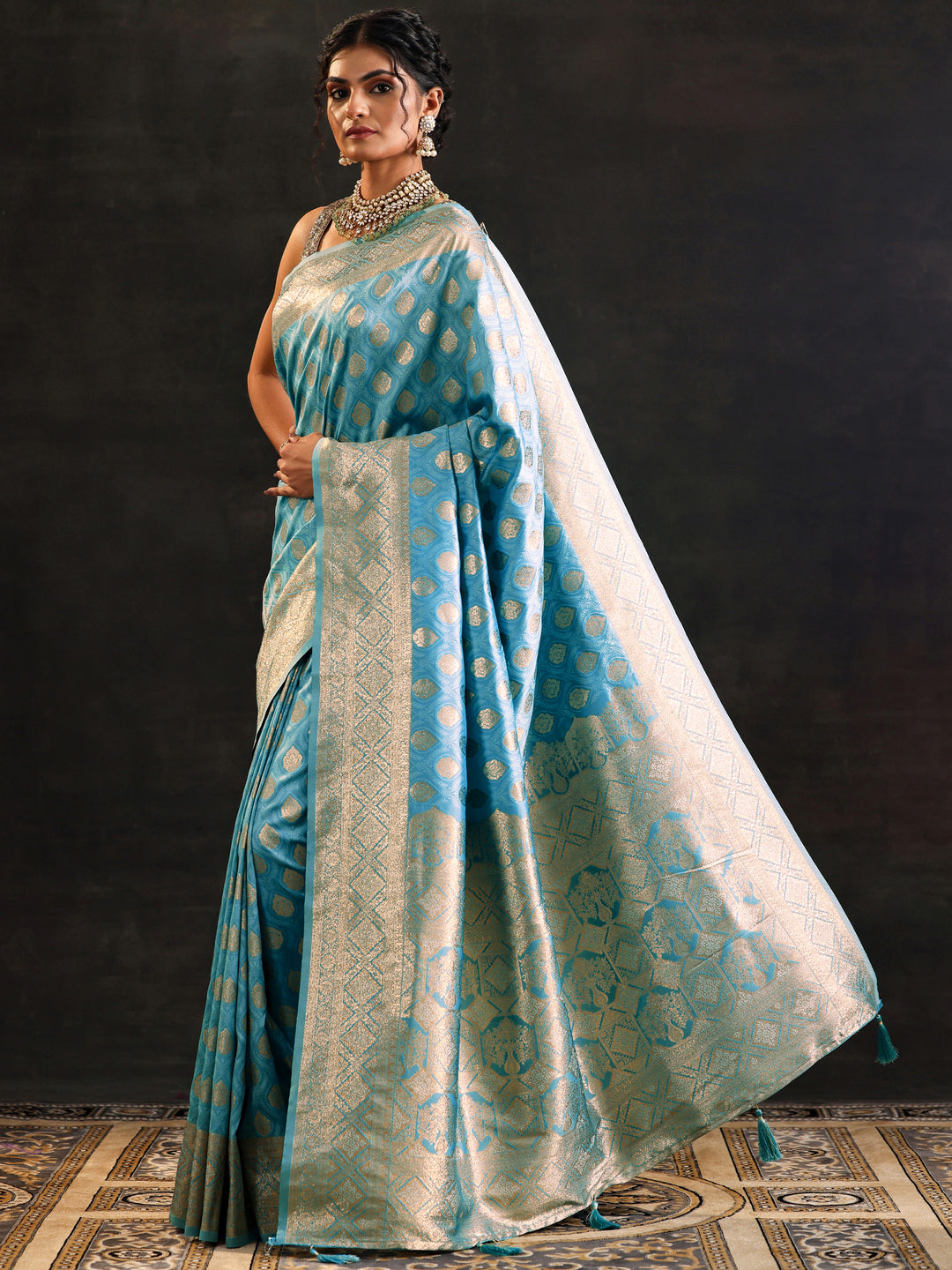  Blue Woven Design Silk Blend Saree With Unstitched Blouse Piece 