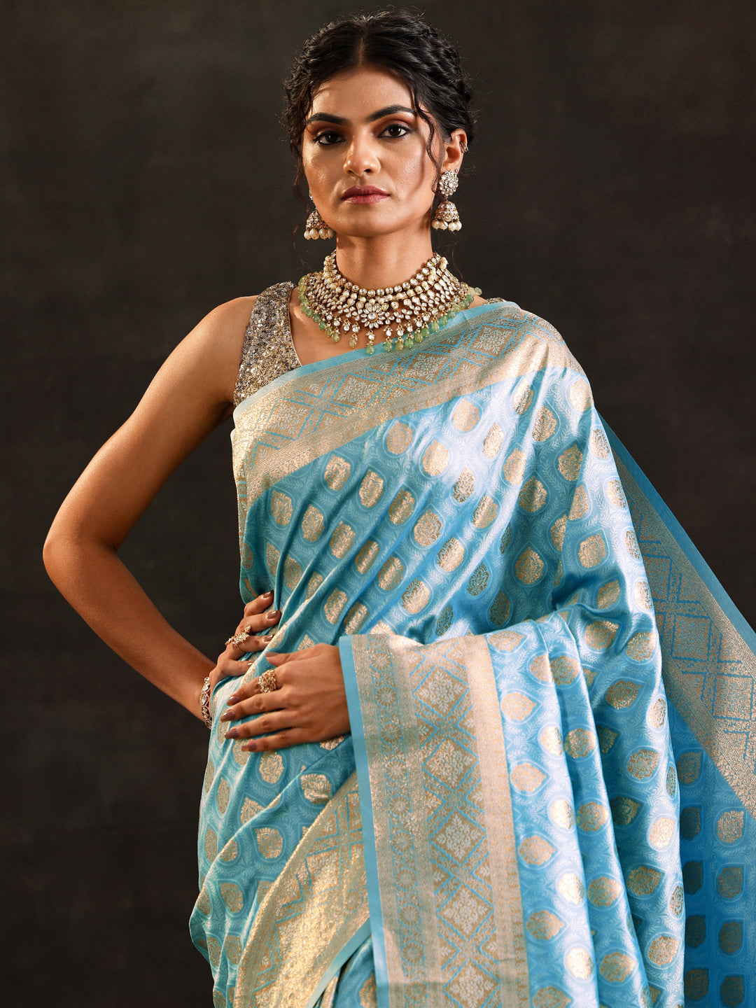  Blue Woven Design Silk Blend Saree With Unstitched Blouse Piece 