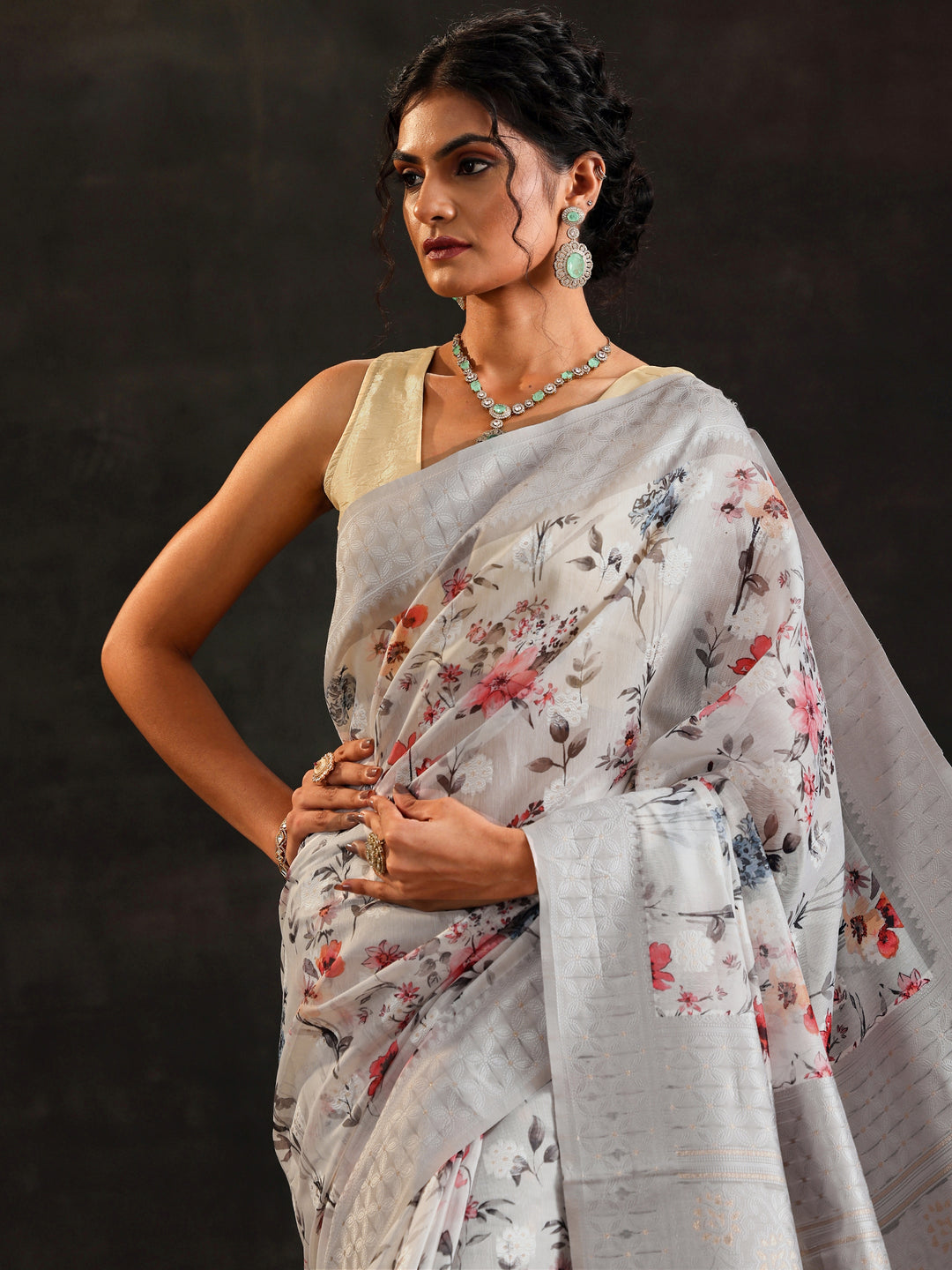  Grey Printed Chanderi Saree With Unstitched Blouse Piece 