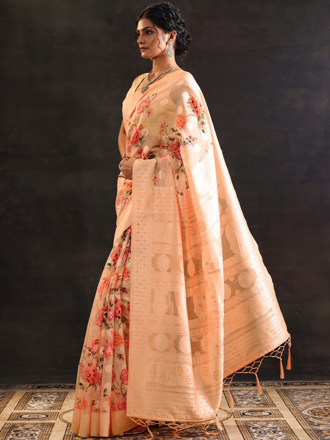  Peach Printed Chanderi Saree With Unstitched Blouse Piece 