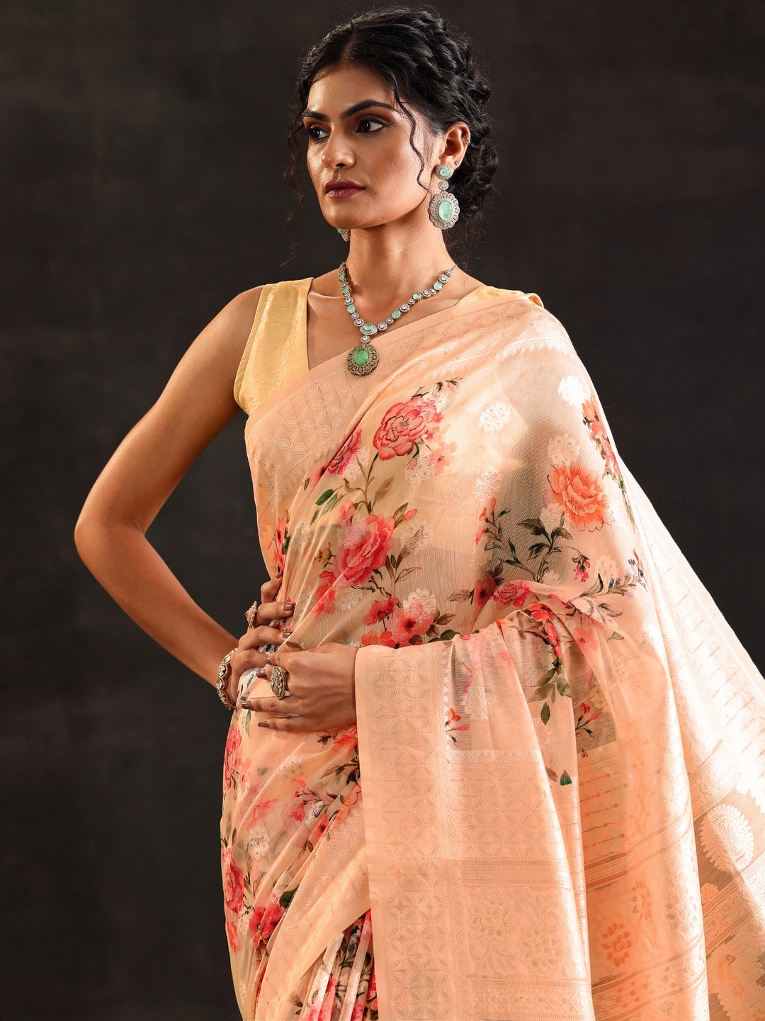  Peach Printed Chanderi Saree With Unstitched Blouse Piece 