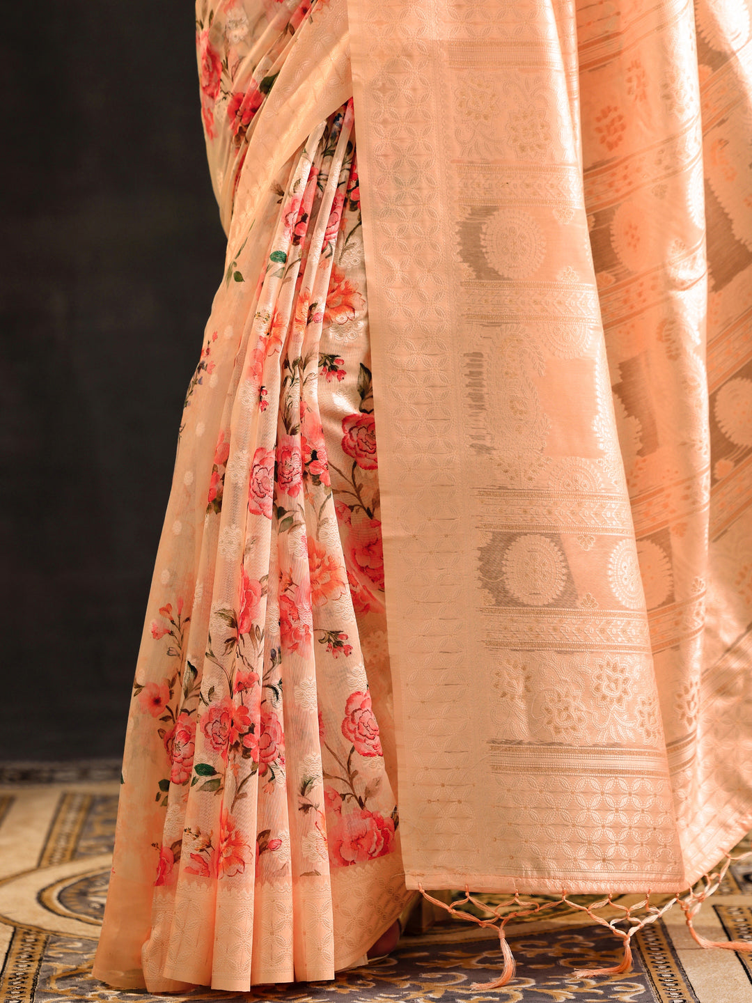  Peach Printed Chanderi Saree With Unstitched Blouse Piece 