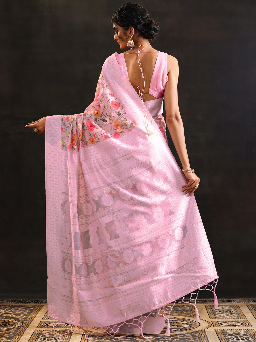  Pink Printed Chanderi Saree With Unstitched Blouse Piece 