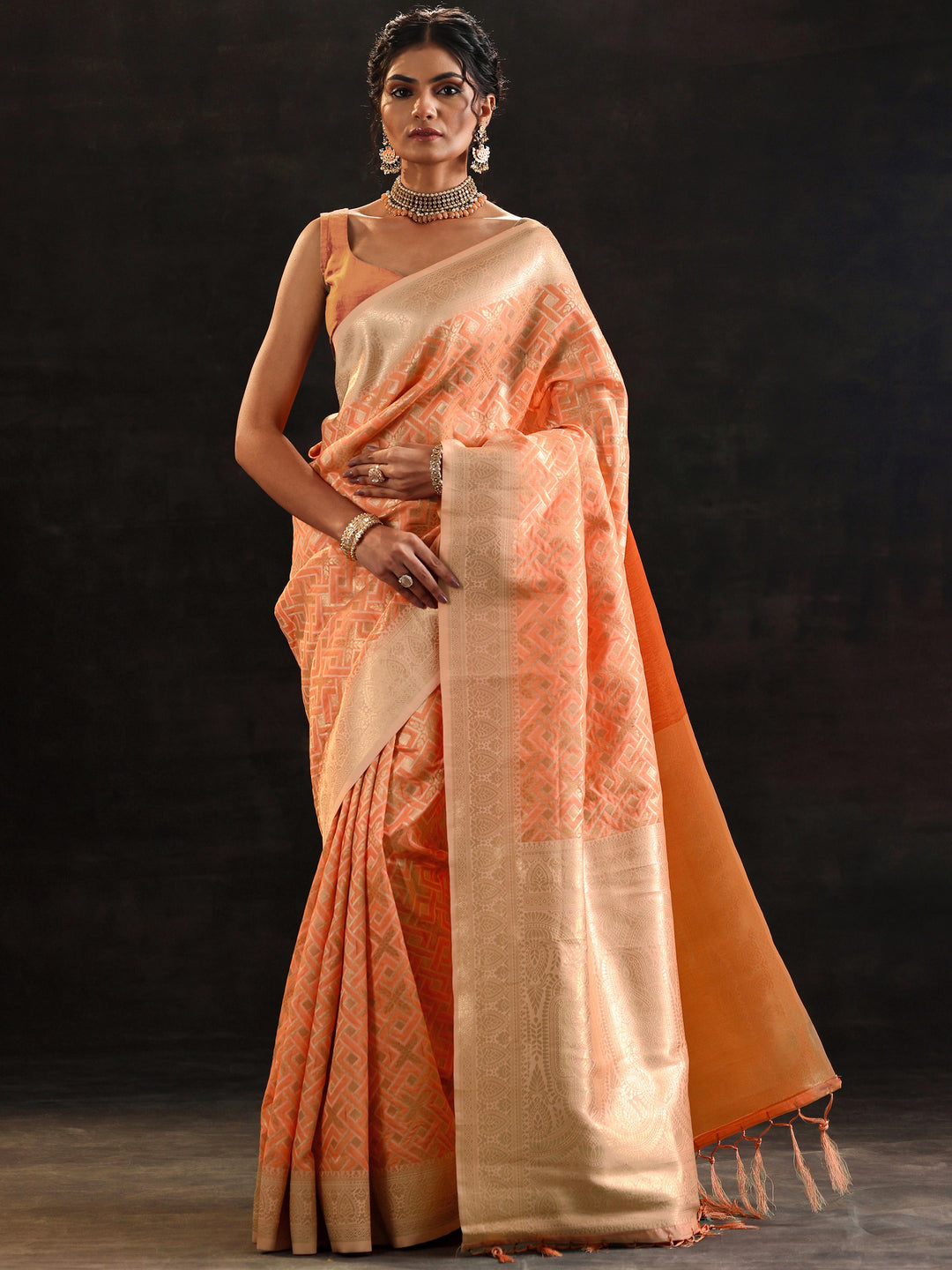 Orange Woven Design Silk Blend Saree With Unstitched Blouse Piece 