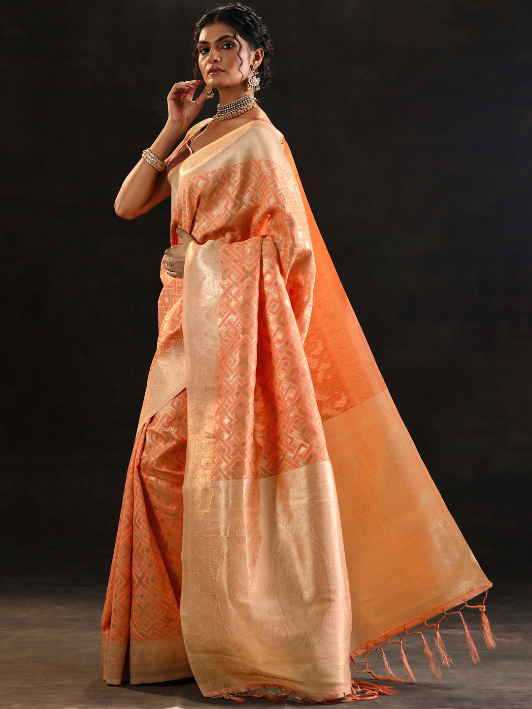  Orange Woven Design Silk Blend Saree With Unstitched Blouse Piece 