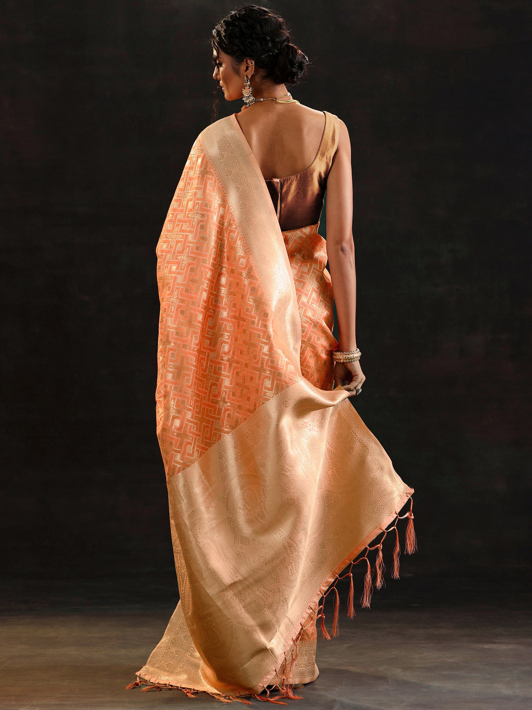  Orange Woven Design Silk Blend Saree With Unstitched Blouse Piece 