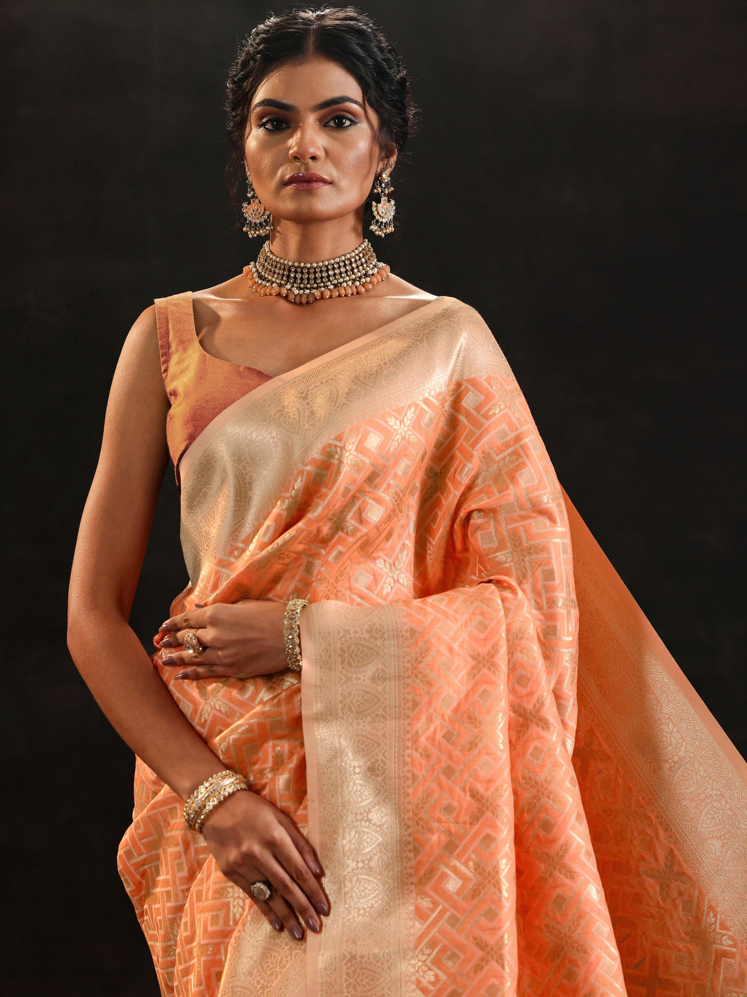  Orange Woven Design Silk Blend Saree With Unstitched Blouse Piece 