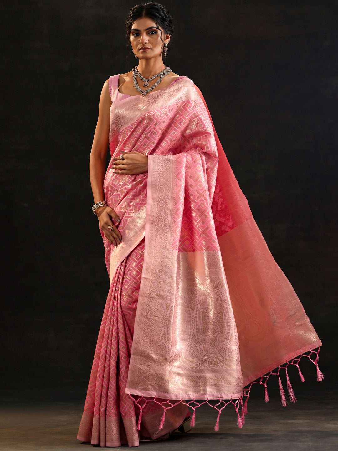  Pink Woven Design Silk Blend Saree With Unstitched Blouse Piece 