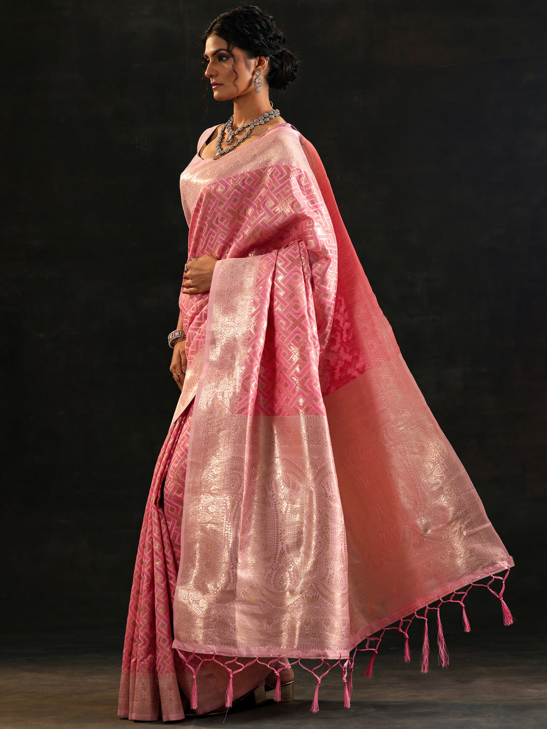  Pink Woven Design Silk Blend Saree With Unstitched Blouse Piece 