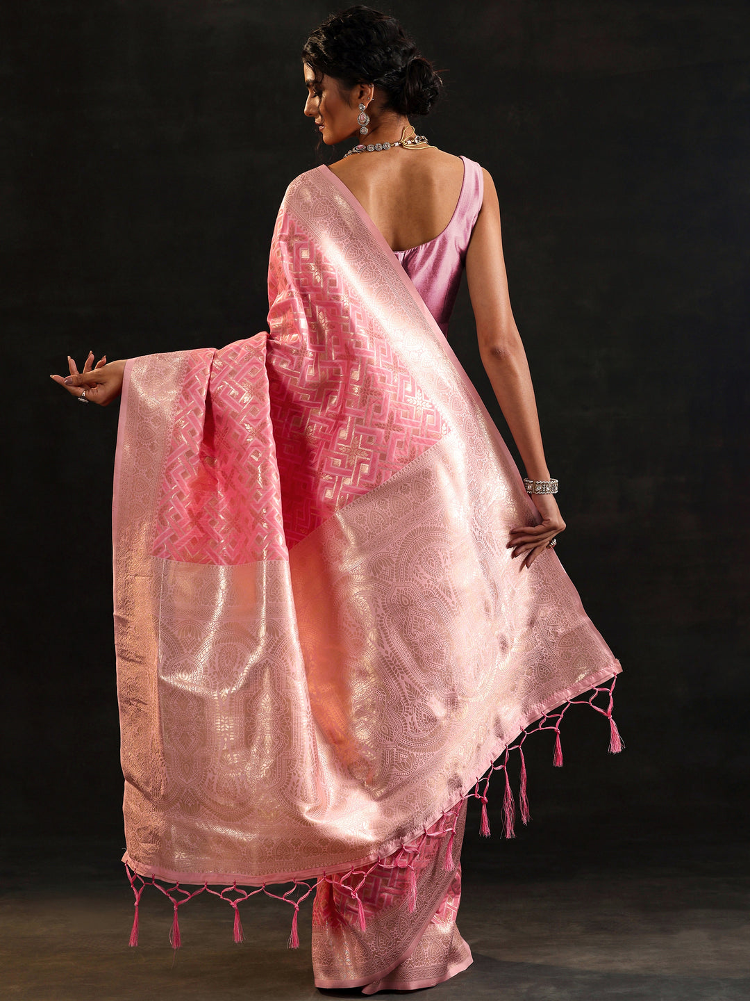 Pink Woven Design Silk Blend Saree With Unstitched Blouse Piece 