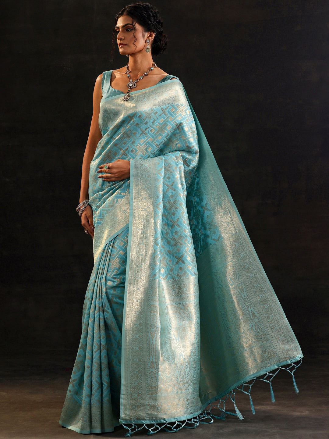  Blue Woven Design Silk Blend Saree With Unstitched Blouse Piece 