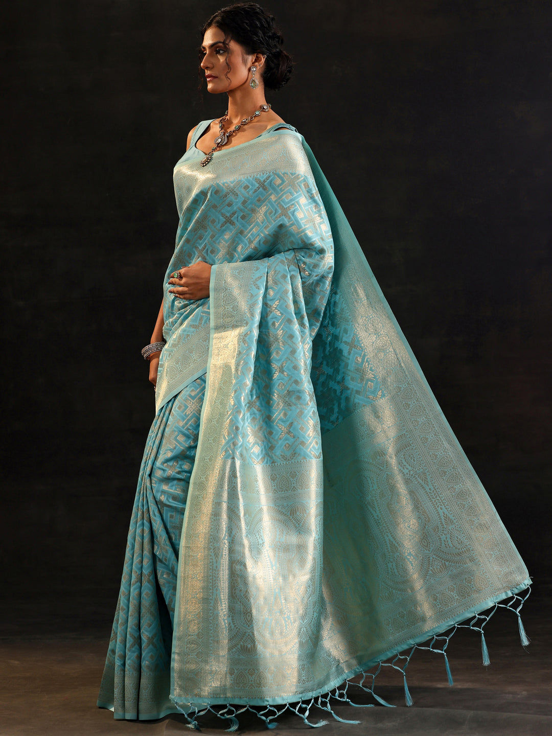  Blue Woven Design Silk Blend Saree With Unstitched Blouse Piece 