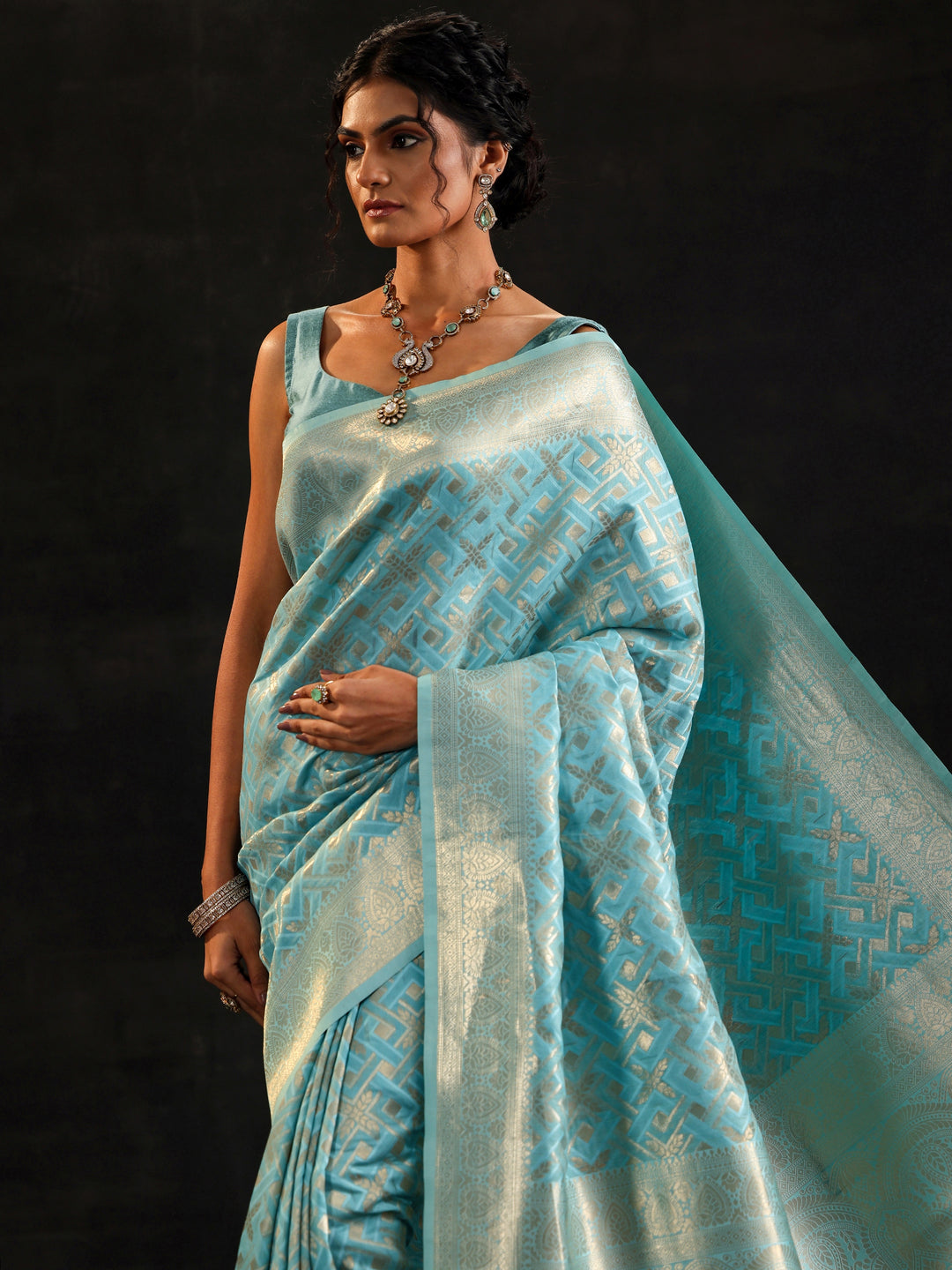  Blue Woven Design Silk Blend Saree With Unstitched Blouse Piece 