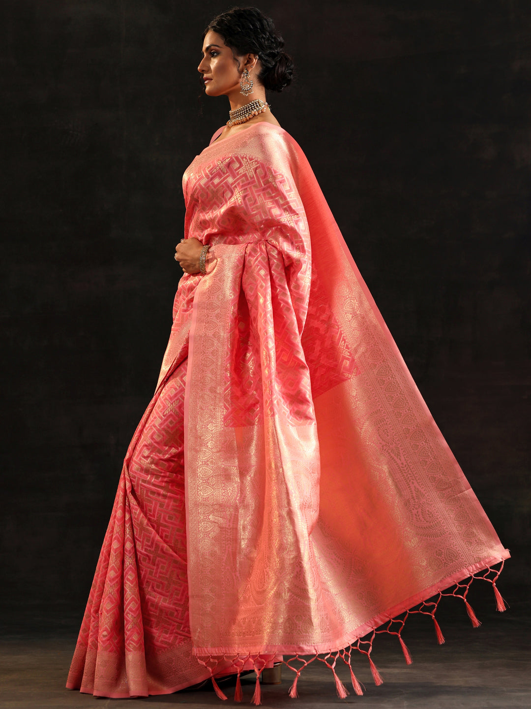  Peach Woven Design Silk Blend Saree With Unstitched Blouse Piece 