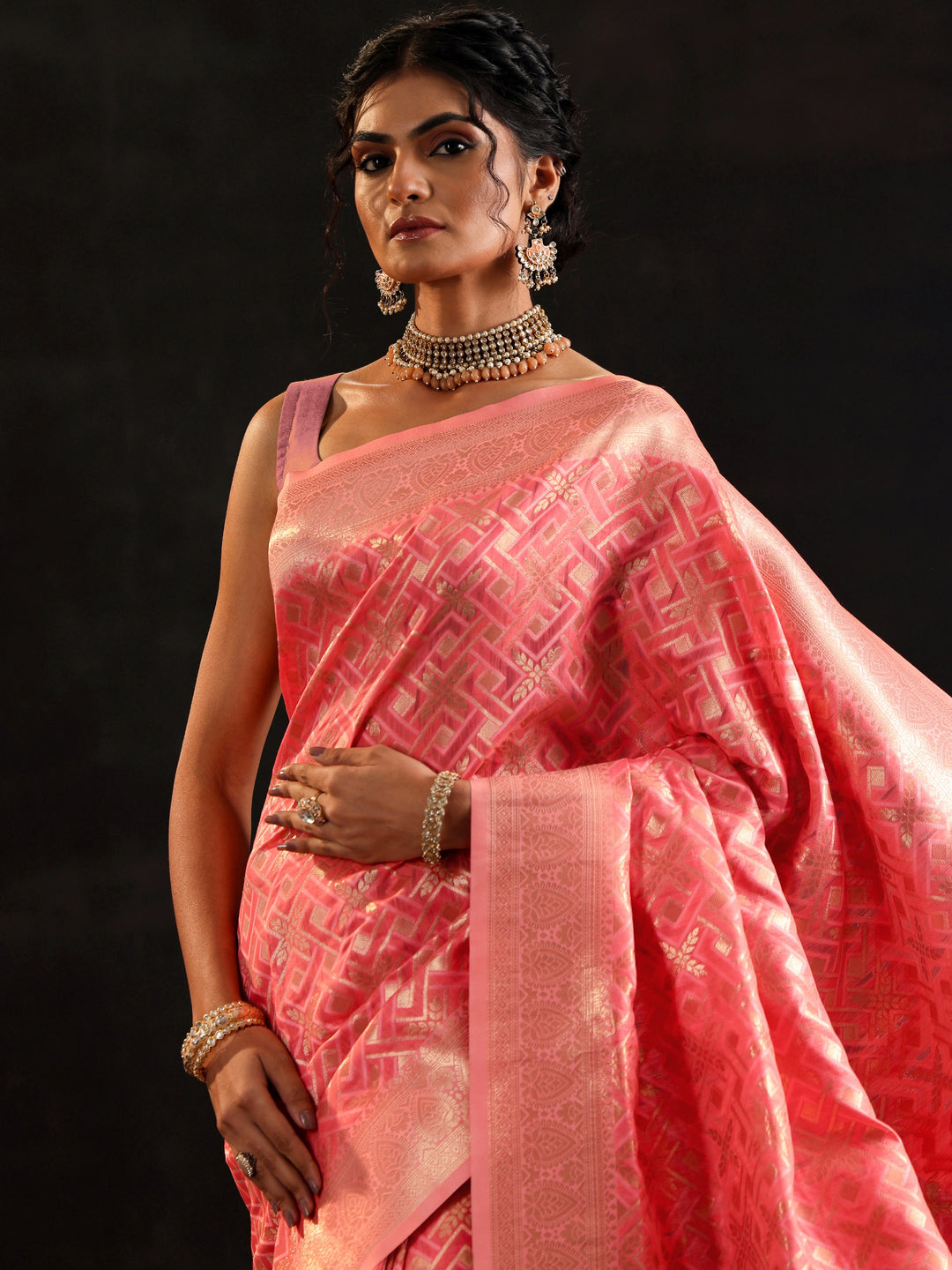  Peach Woven Design Silk Blend Saree With Unstitched Blouse Piece 