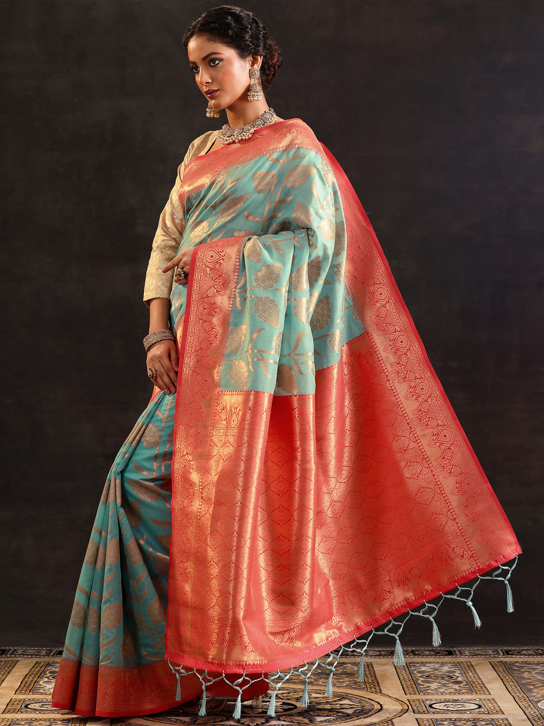  Blue Woven Design Silk Blend Saree With Unstitched Blouse Piece 