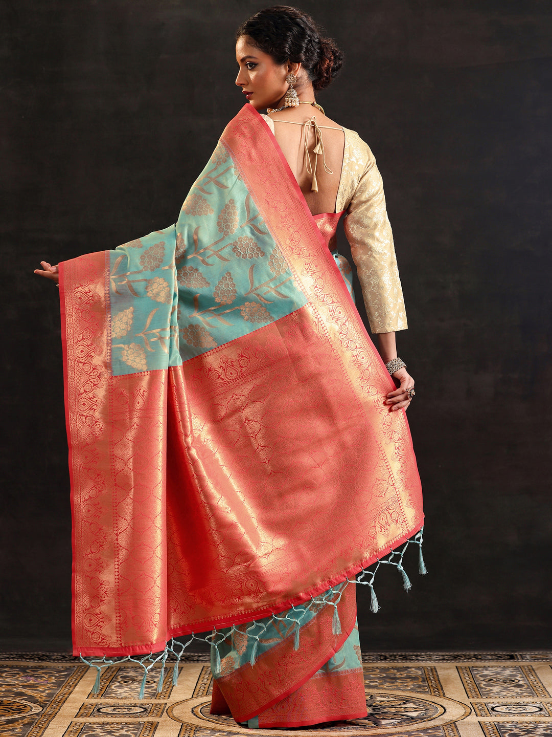  Blue Woven Design Silk Blend Saree With Unstitched Blouse Piece 