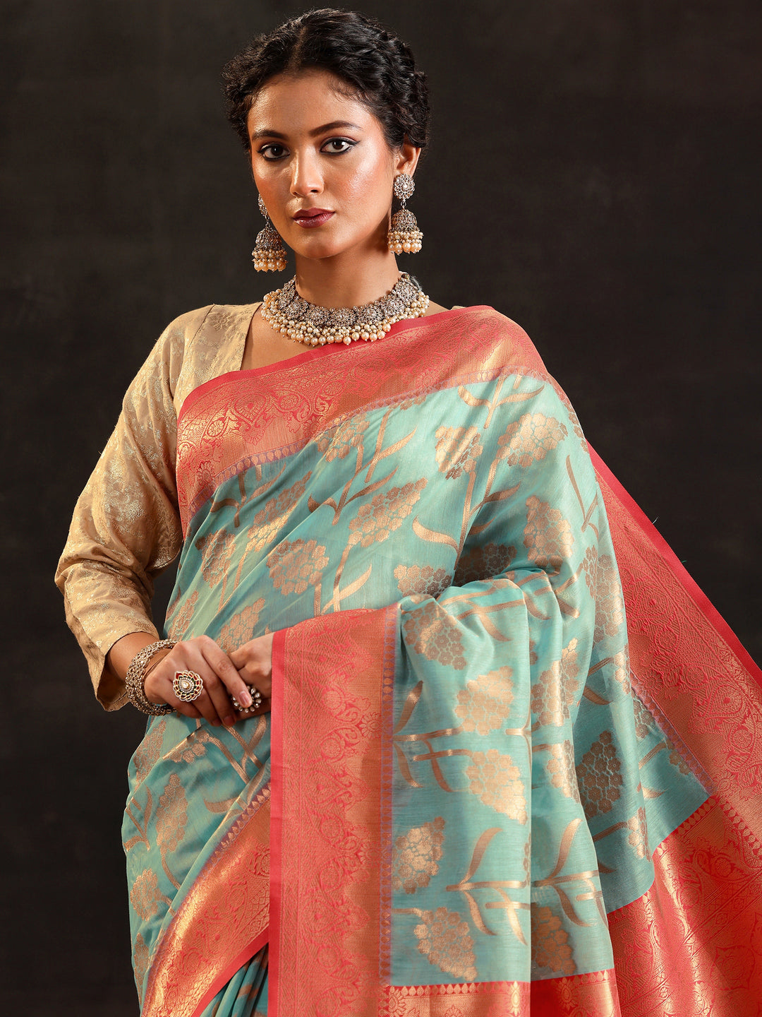  Blue Woven Design Silk Blend Saree With Unstitched Blouse Piece 