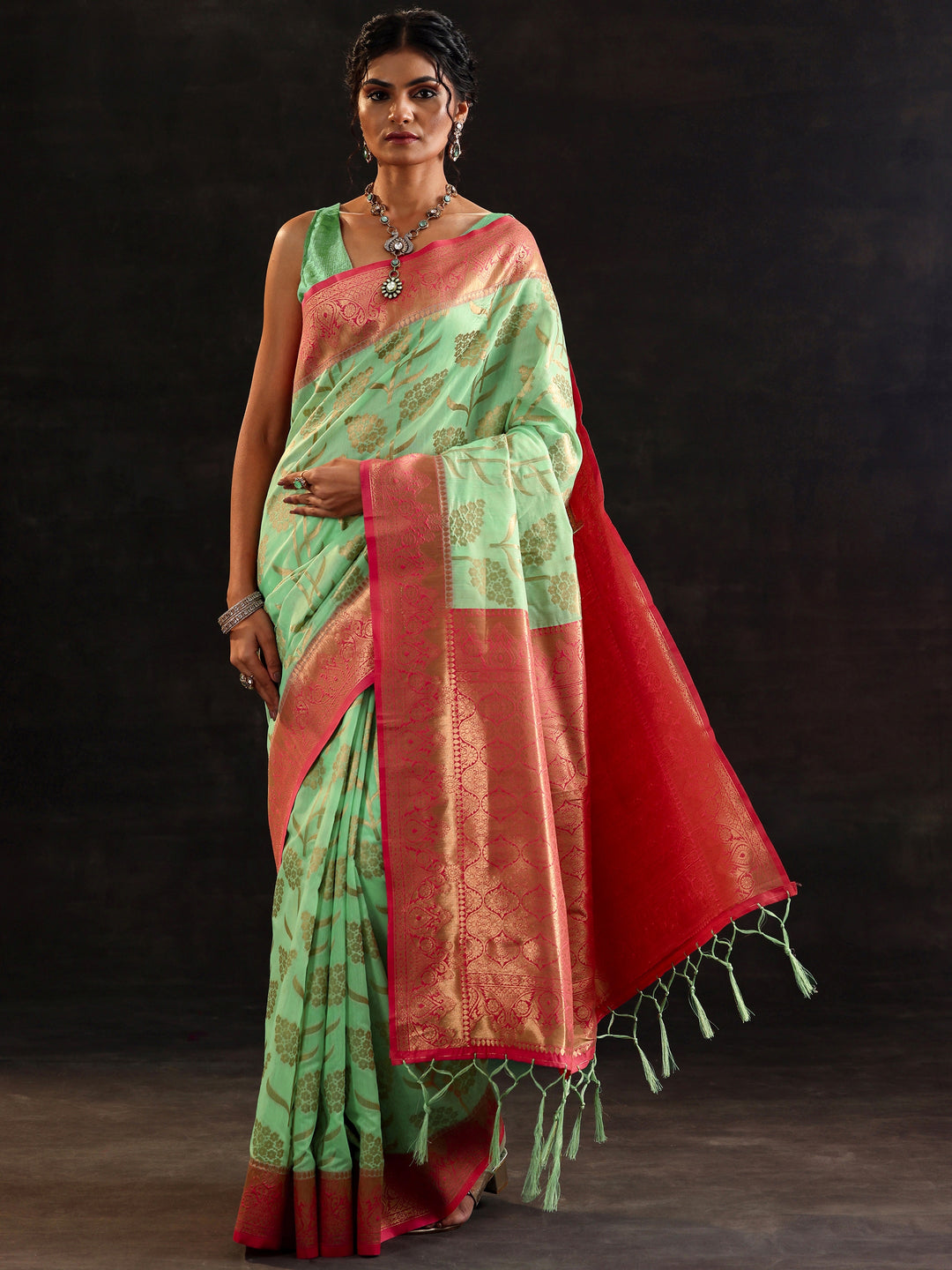  Green Woven Design Silk Blend Saree With Unstitched Blouse Piece 