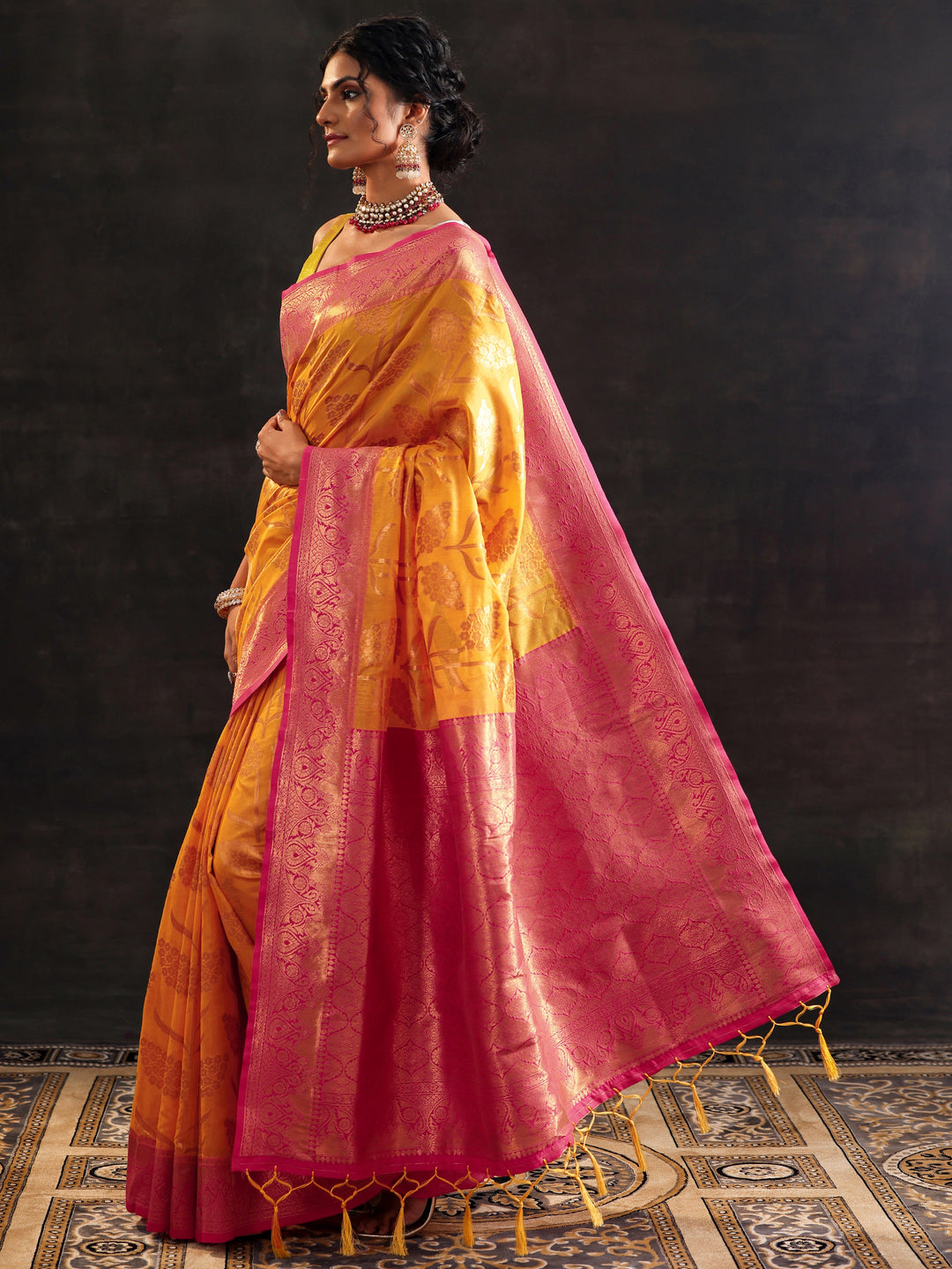  Yellow Woven Design Silk Blend Saree With Unstitched Blouse Piece 