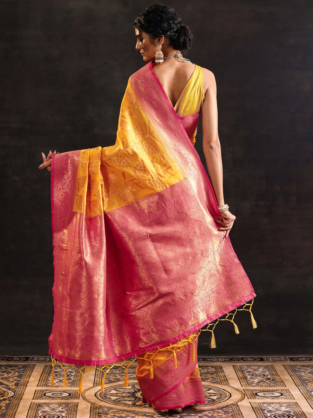  Yellow Woven Design Silk Blend Saree With Unstitched Blouse Piece 