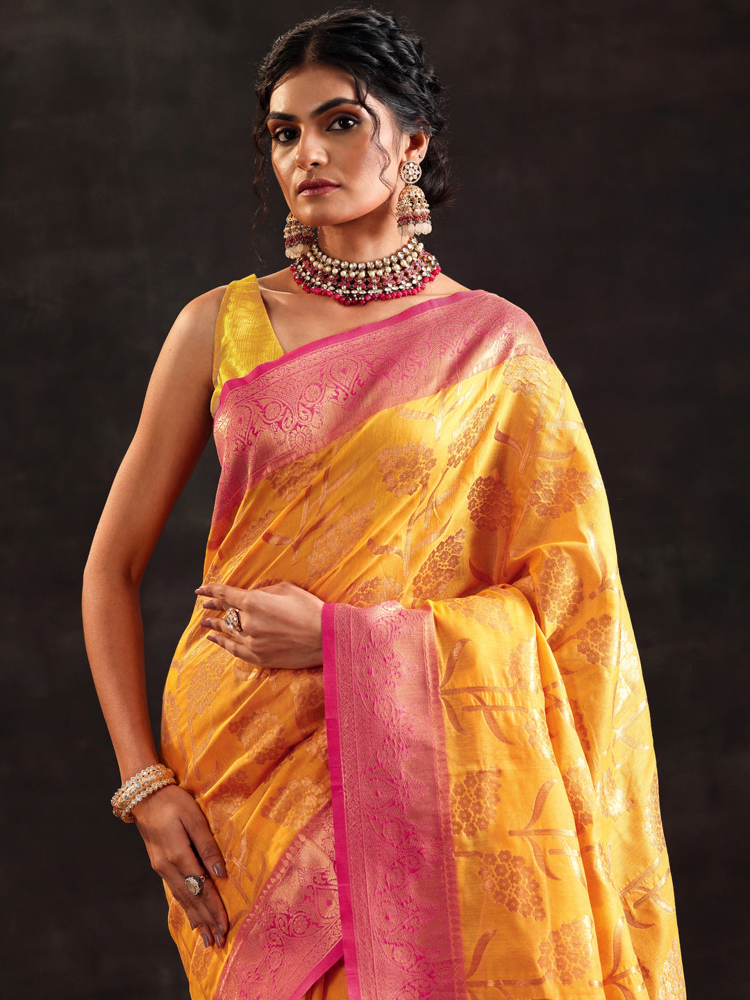  Yellow Woven Design Silk Blend Saree With Unstitched Blouse Piece 