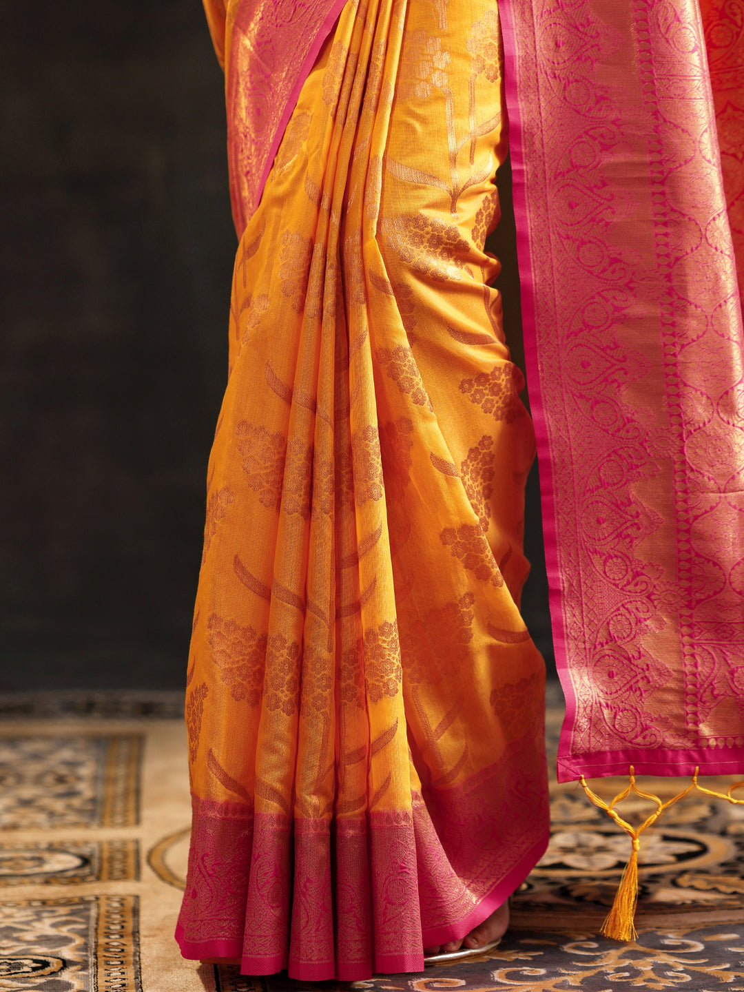  Yellow Woven Design Silk Blend Saree With Unstitched Blouse Piece 