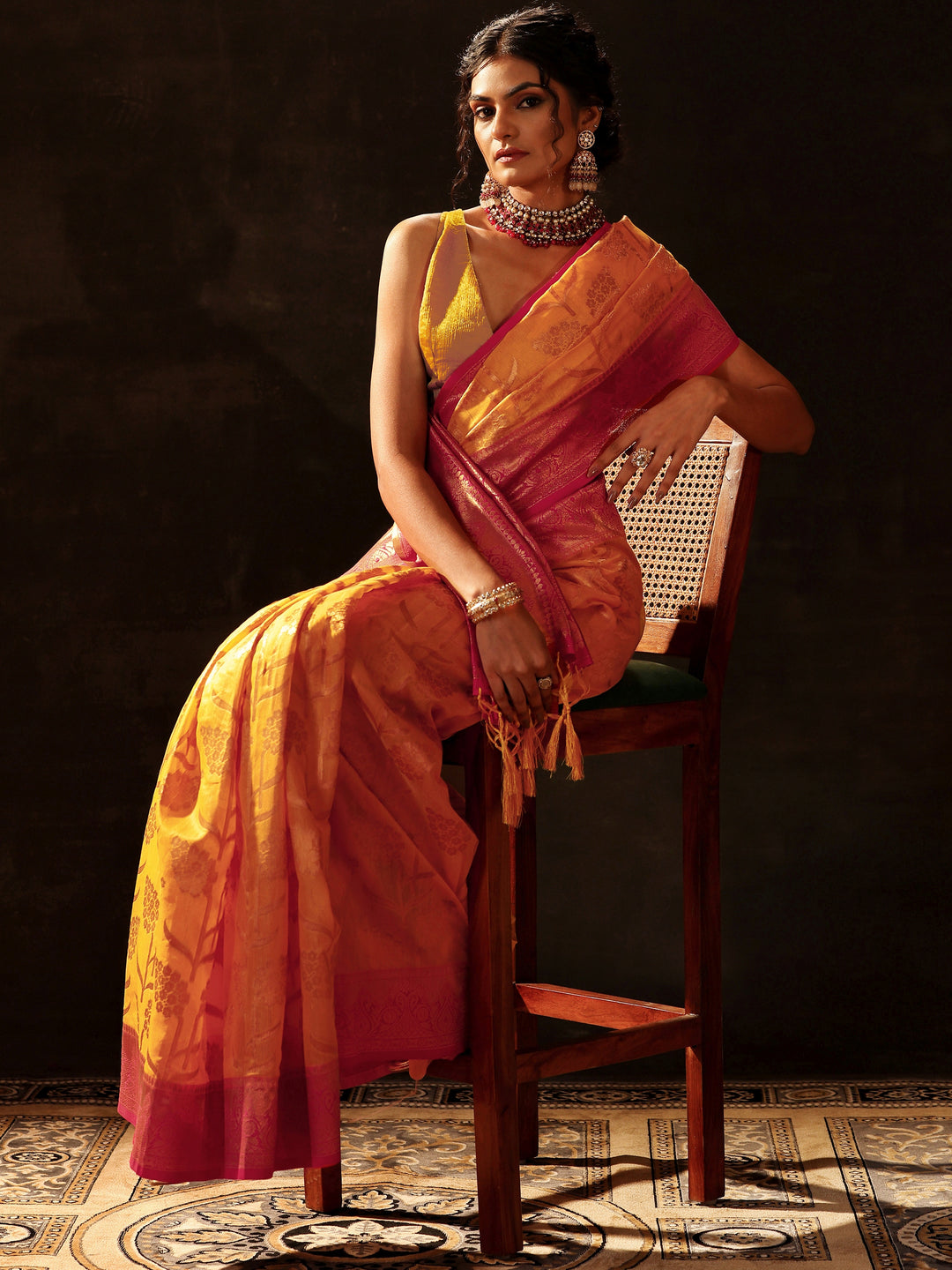  Yellow Woven Design Silk Blend Saree With Unstitched Blouse Piece 