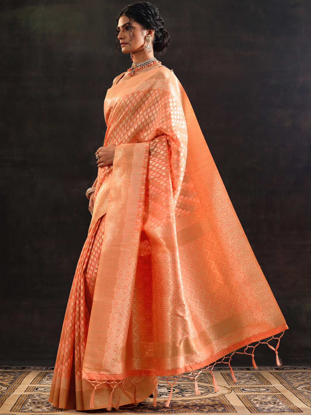  Orange Woven Design Silk Blend Saree With Unstitched Blouse Piece 