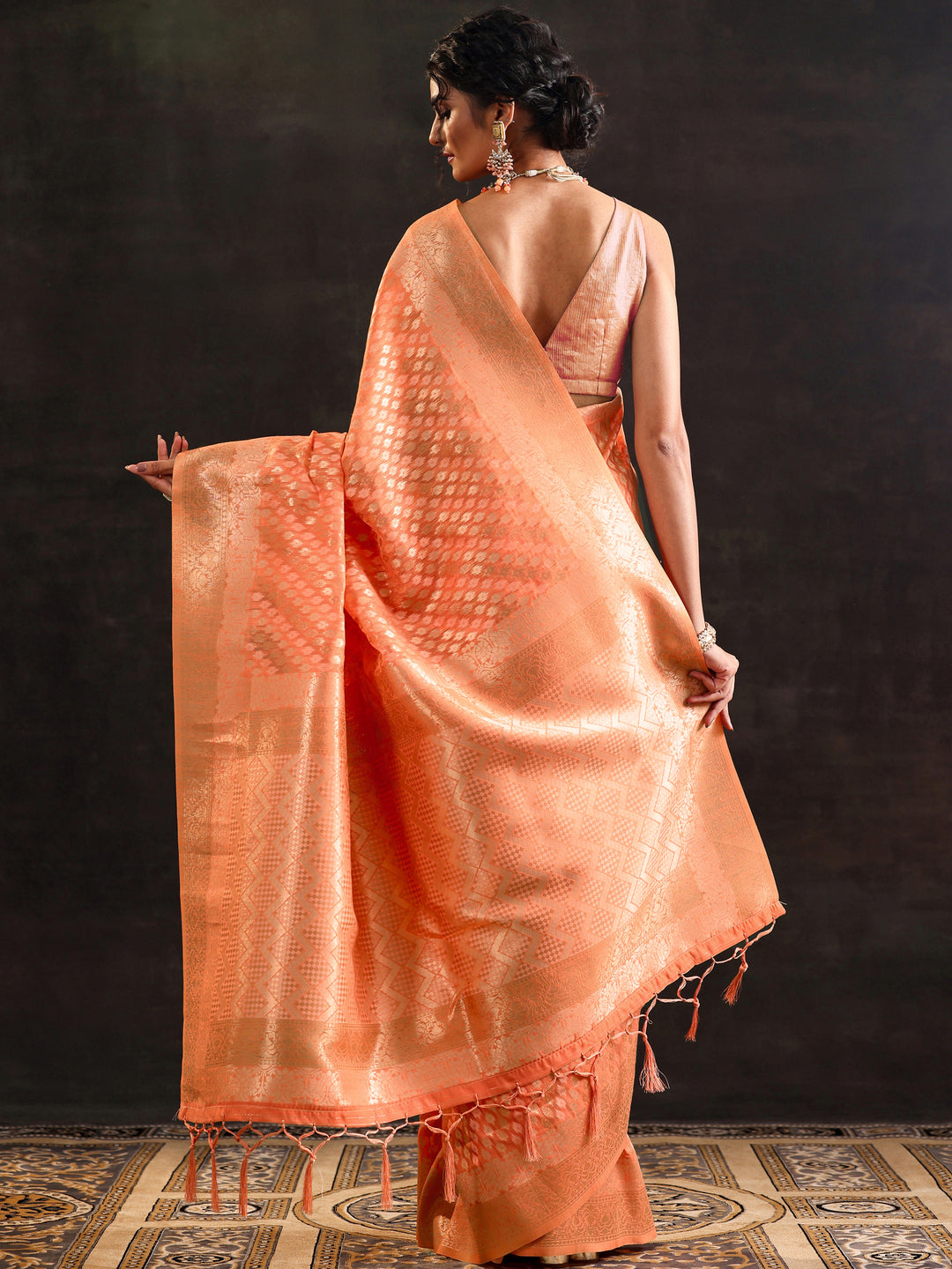  Orange Woven Design Silk Blend Saree With Unstitched Blouse Piece 