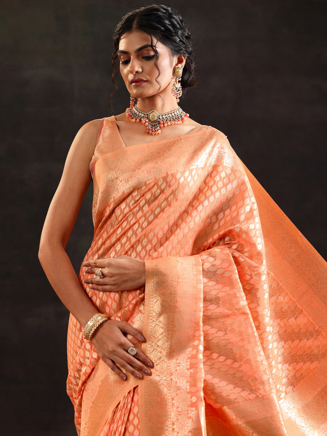  Orange Woven Design Silk Blend Saree With Unstitched Blouse Piece 