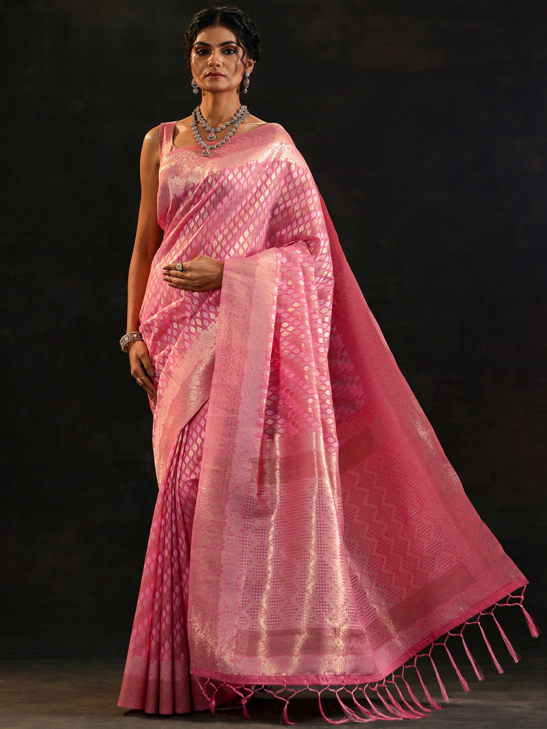  Pink Woven Design Silk Blend Saree With Unstitched Blouse Piece 