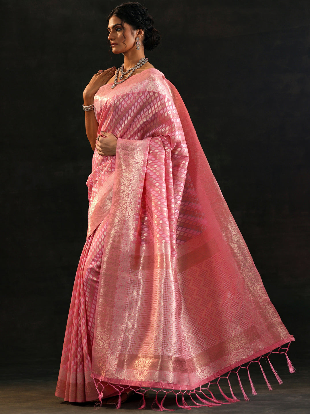  Pink Woven Design Silk Blend Saree With Unstitched Blouse Piece 