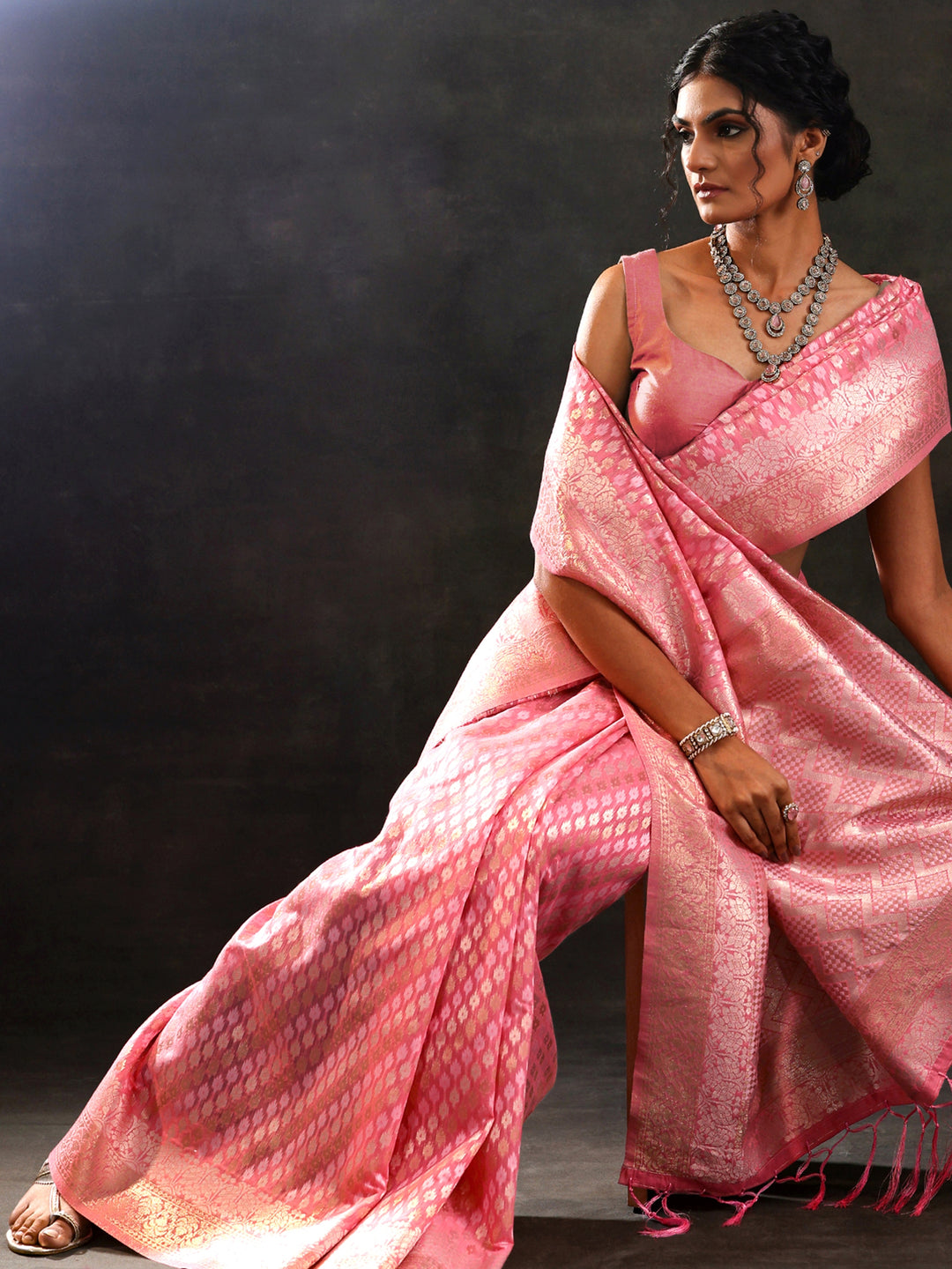  Pink Woven Design Silk Blend Saree With Unstitched Blouse Piece 