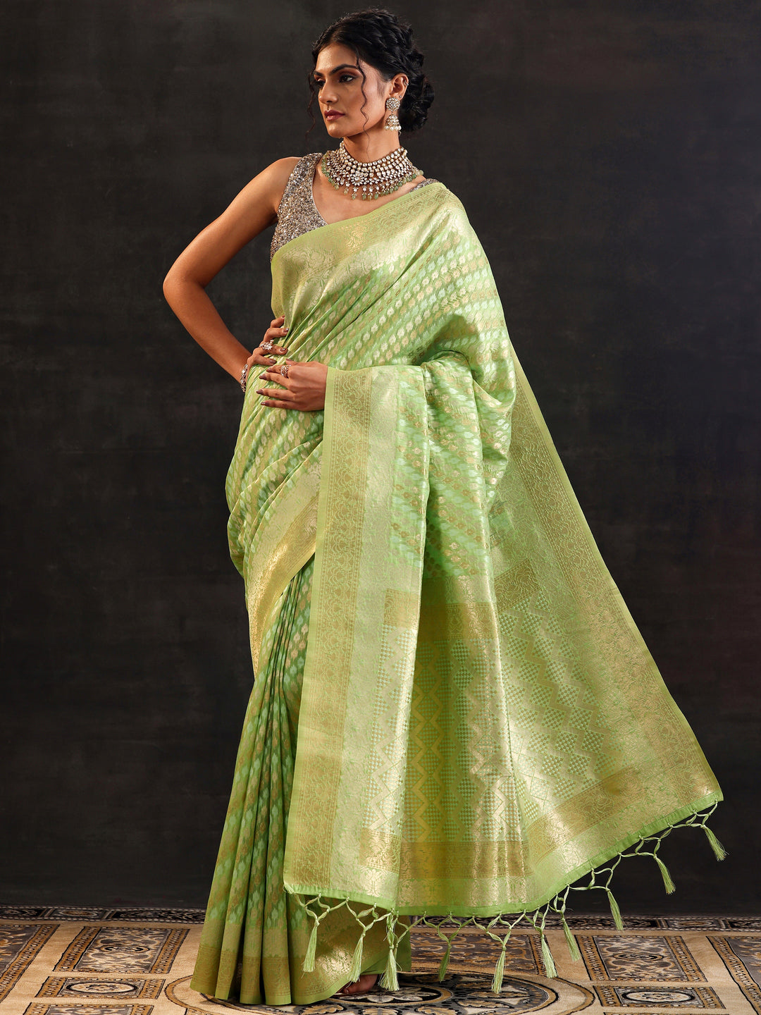  Green Woven Design Silk Blend Saree With Unstitched Blouse Piece 