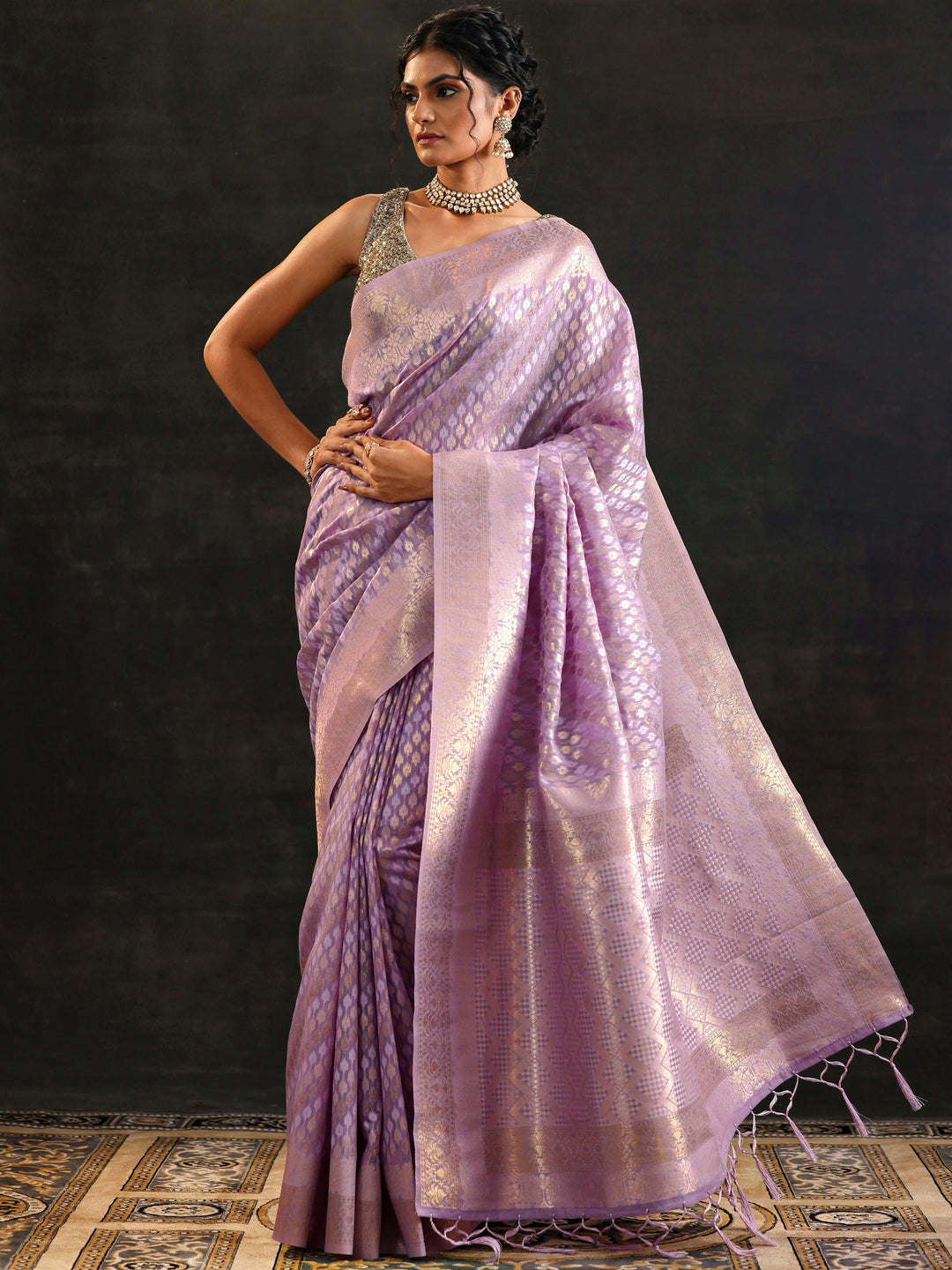  Lavender Woven Design Silk Blend Saree With Unstitched Blouse Piece 