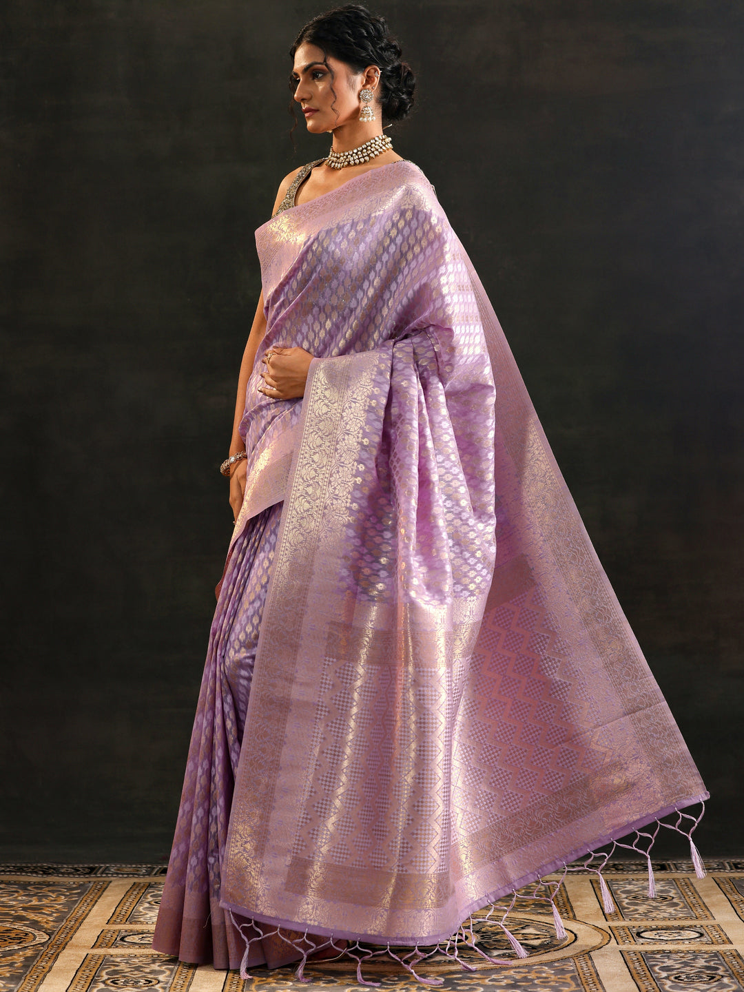  Lavender Woven Design Silk Blend Saree With Unstitched Blouse Piece 