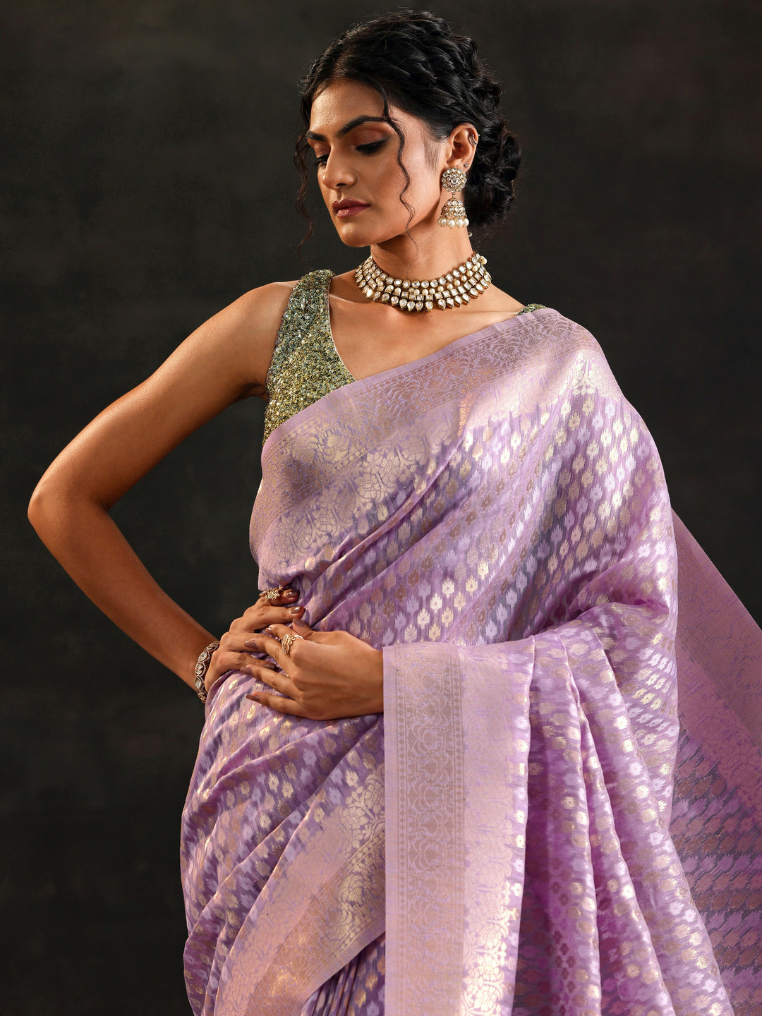  Lavender Woven Design Silk Blend Saree With Unstitched Blouse Piece 