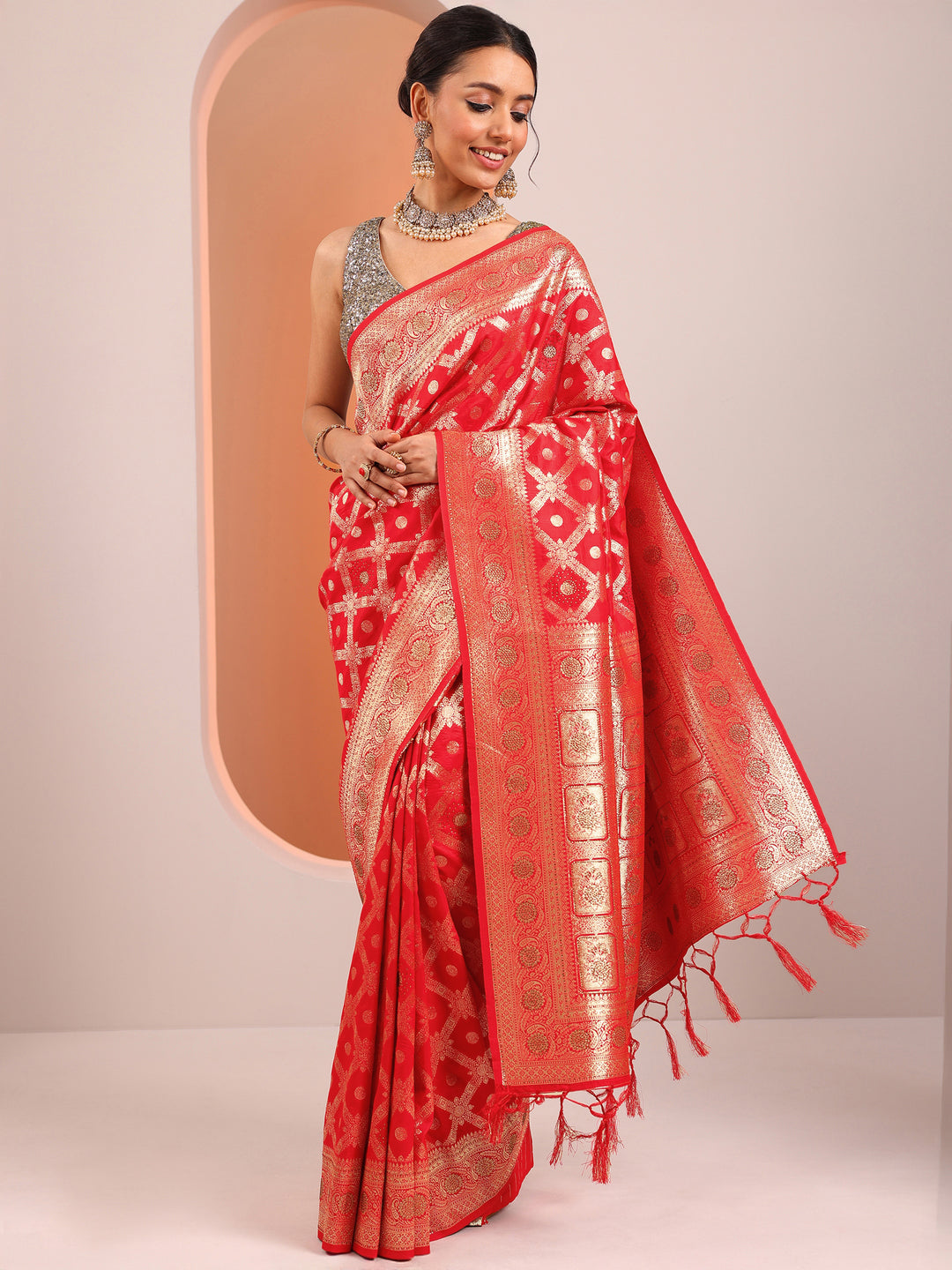  Red Woven Design Silk Blend Saree With Unstitched Blouse Piece 