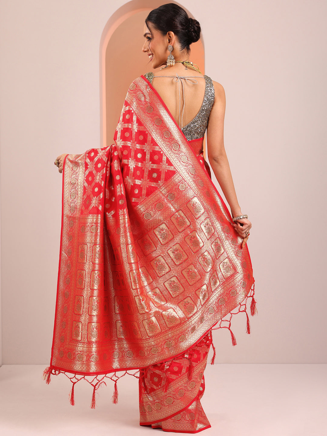  Red Woven Design Silk Blend Saree With Unstitched Blouse Piece 