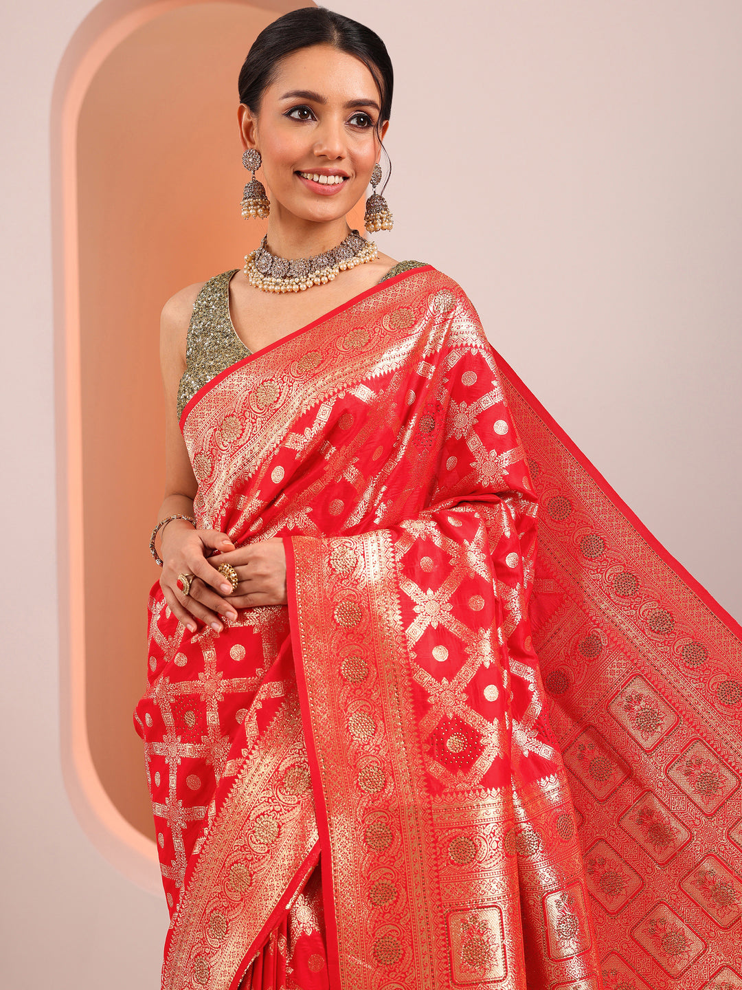  Red Woven Design Silk Blend Saree With Unstitched Blouse Piece 