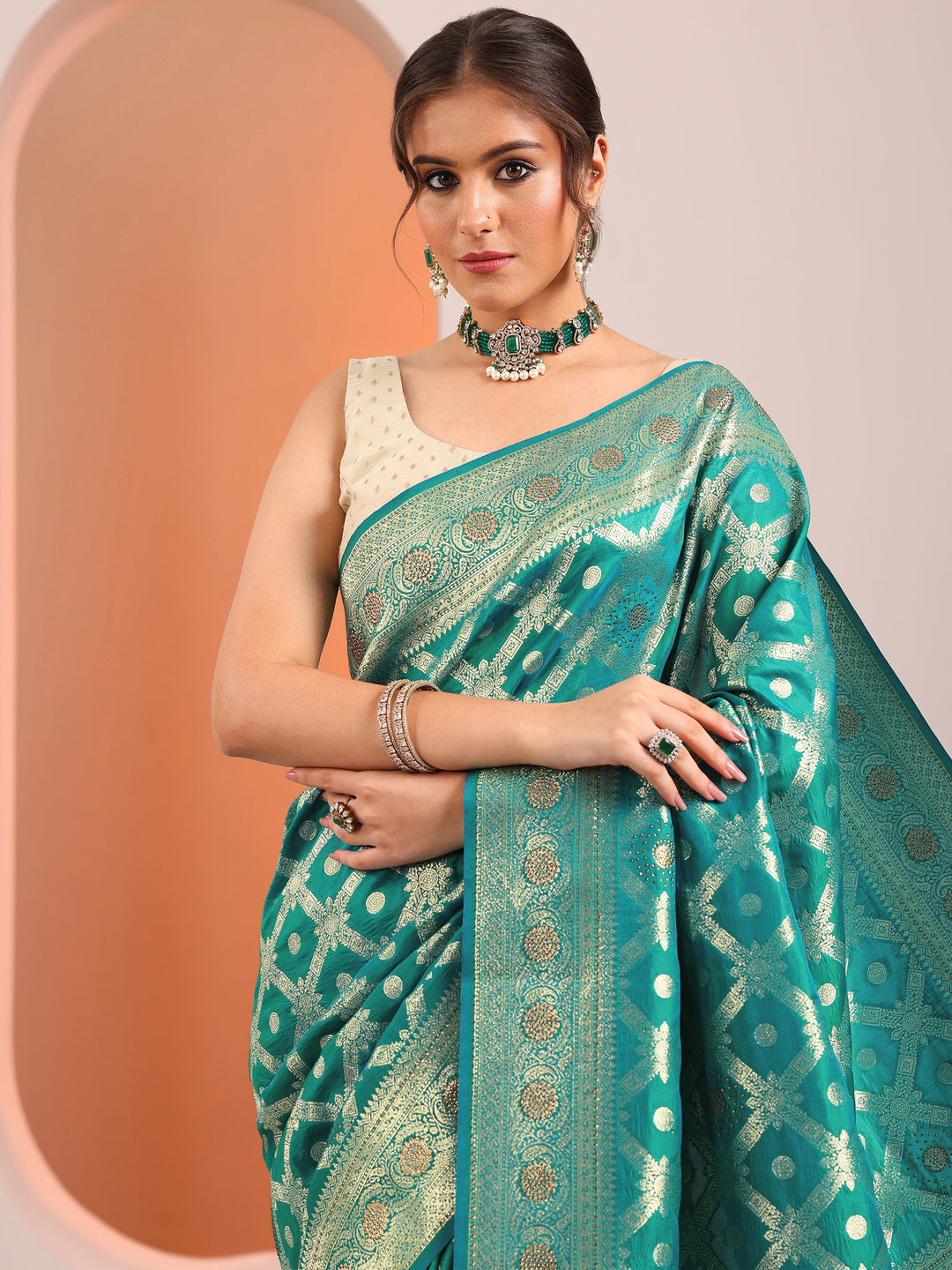  Green Woven Design Silk Blend Saree With Unstitched Blouse Piece 