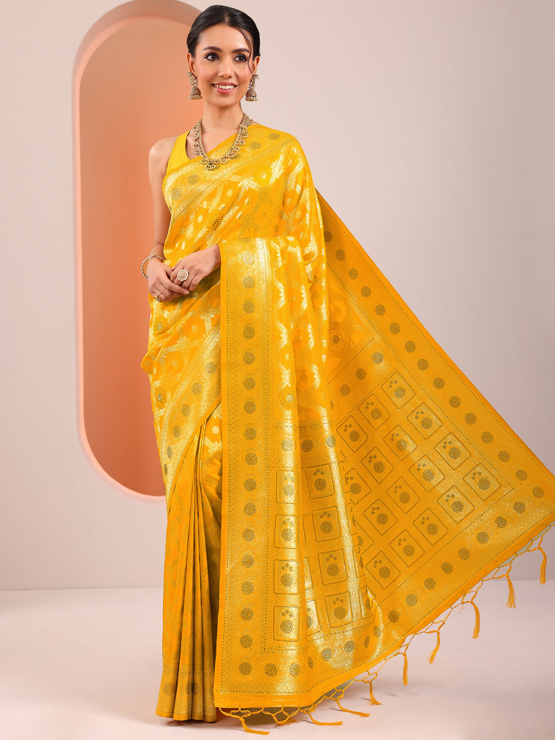  Yellow Woven Design Silk Blend Saree With Unstitched Blouse Piece 