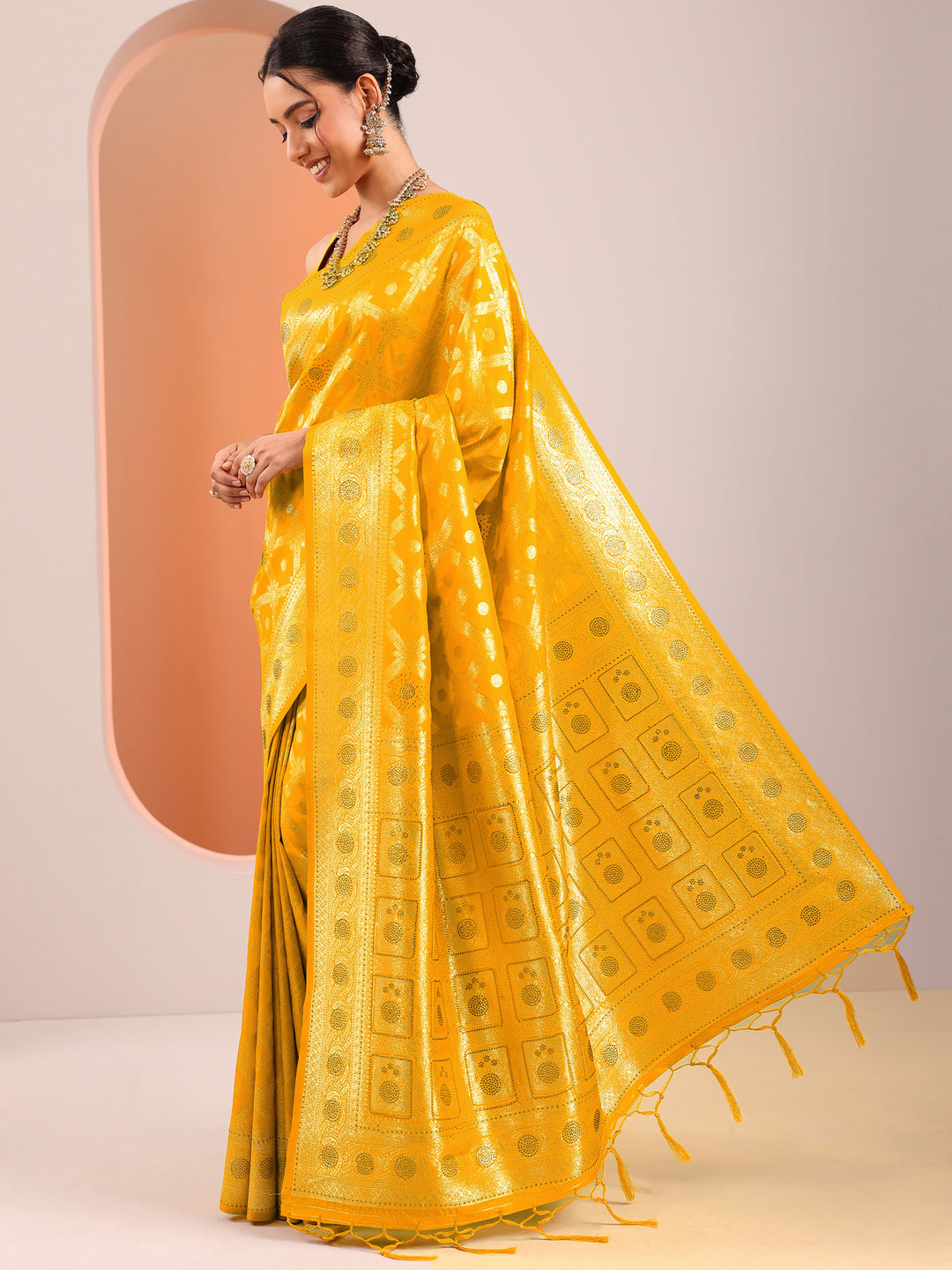  Yellow Woven Design Silk Blend Saree With Unstitched Blouse Piece 