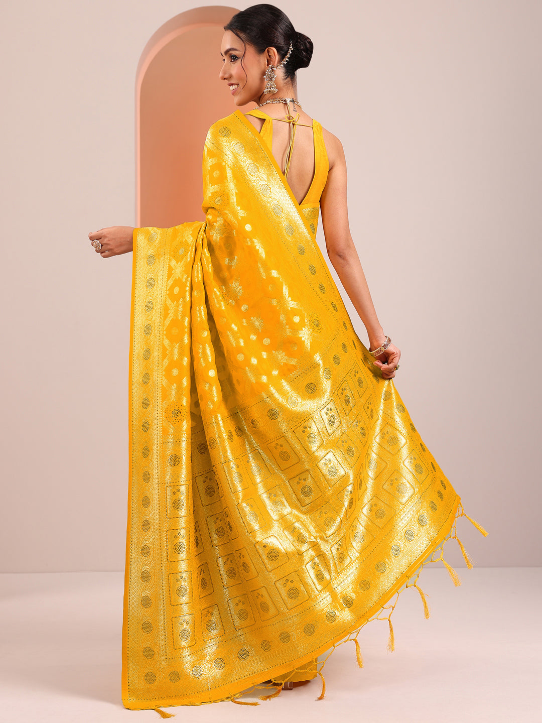  Yellow Woven Design Silk Blend Saree With Unstitched Blouse Piece 