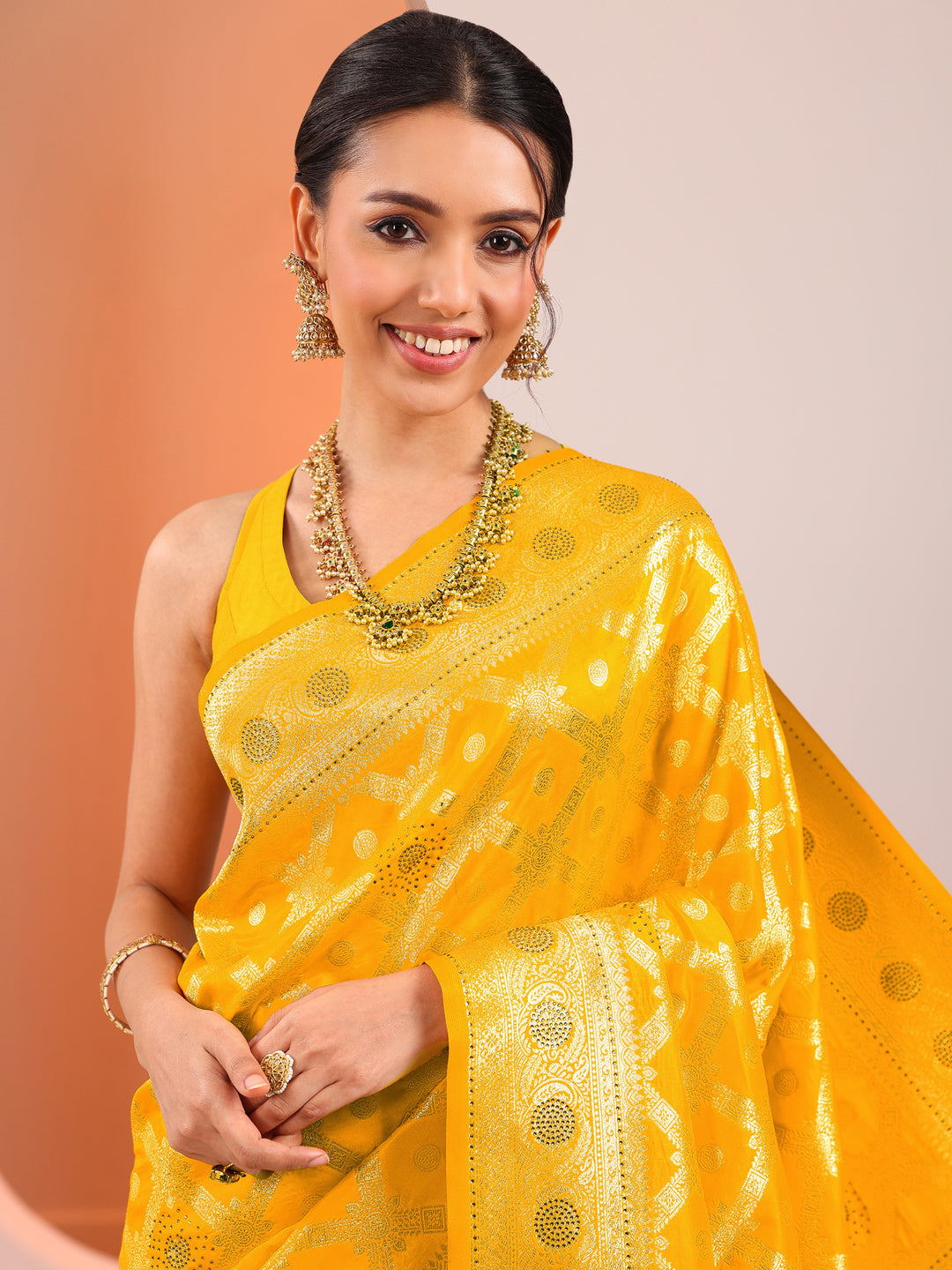  Yellow Woven Design Silk Blend Saree With Unstitched Blouse Piece 
