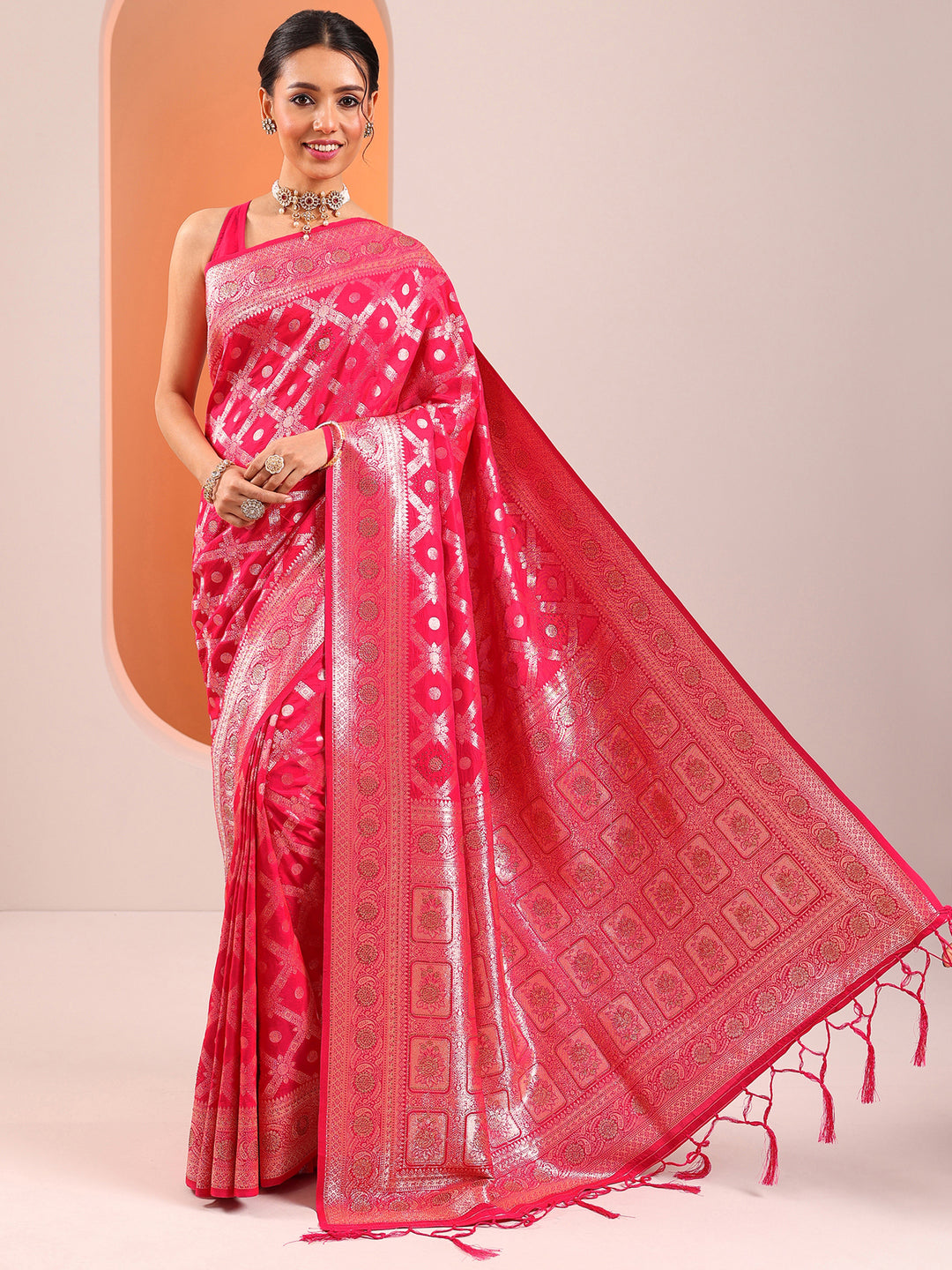  Pink Woven Design Silk Blend Saree With Unstitched Blouse Piece 