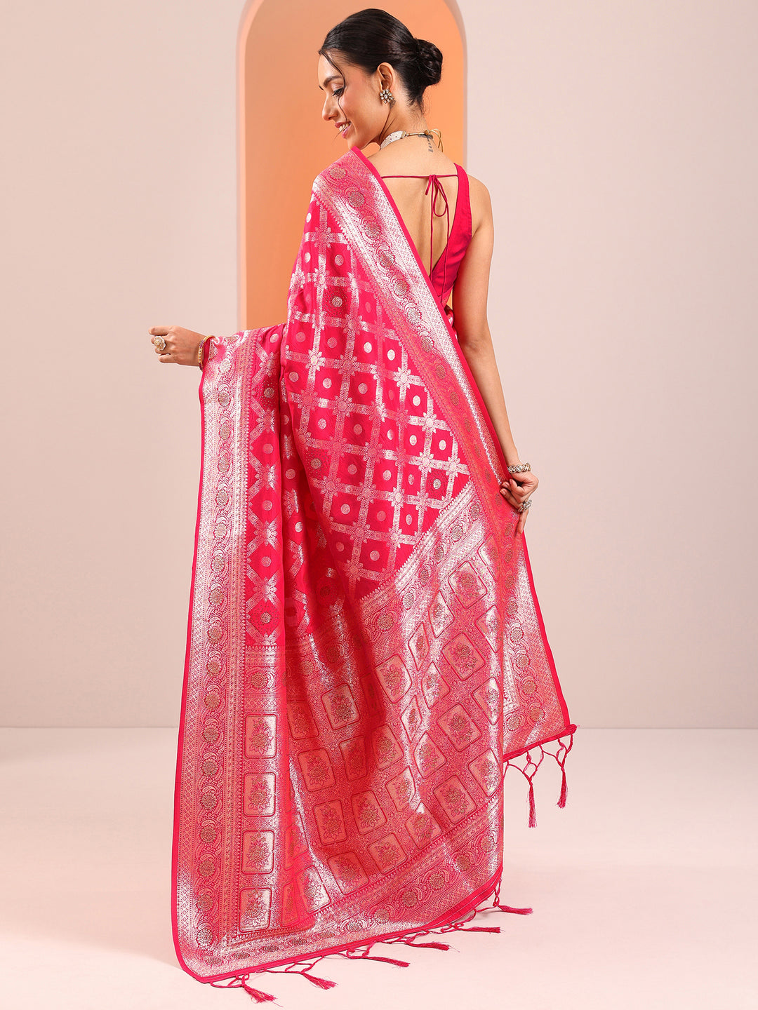  Pink Woven Design Silk Blend Saree With Unstitched Blouse Piece 