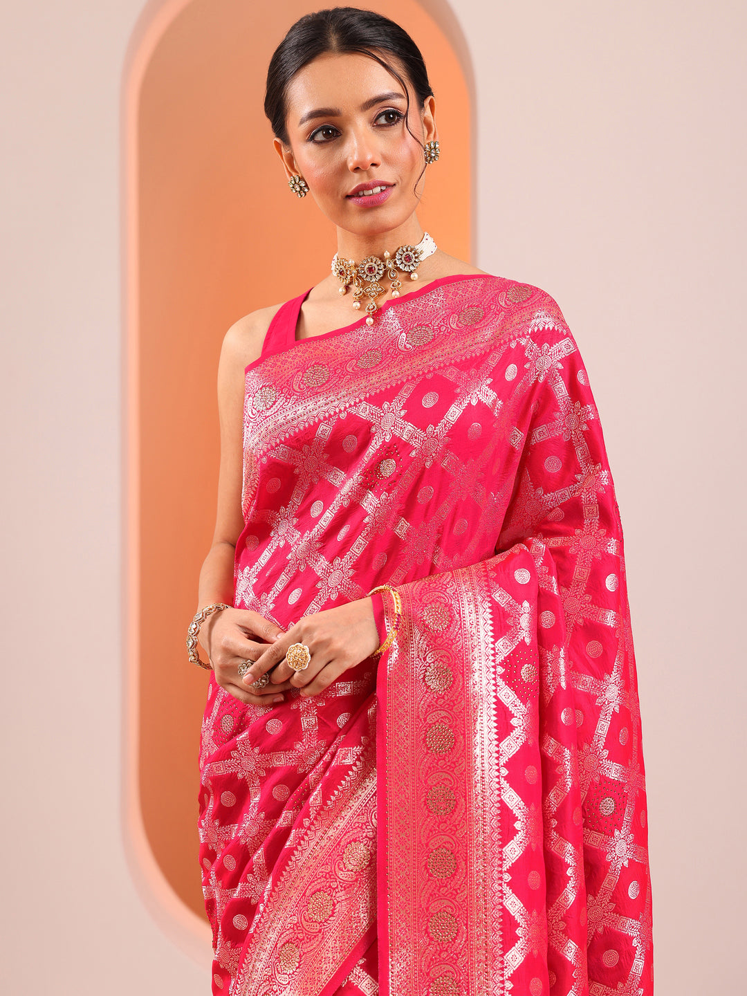  Pink Woven Design Silk Blend Saree With Unstitched Blouse Piece 